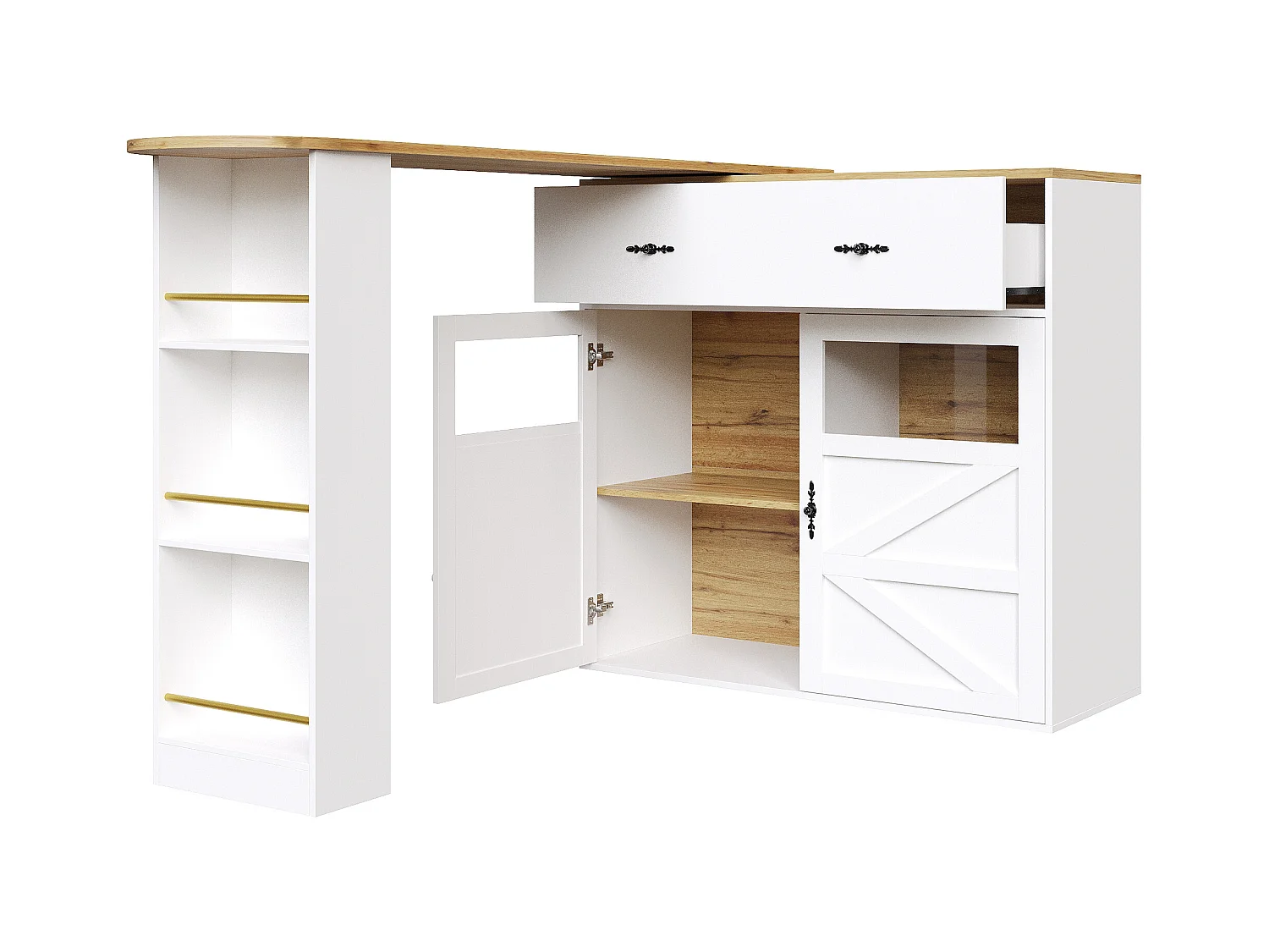 Meuble de bar pivotant 360° et escamotable - avec 1 tiroir et 2 portes - étagères ouvertes - blanc + naturel