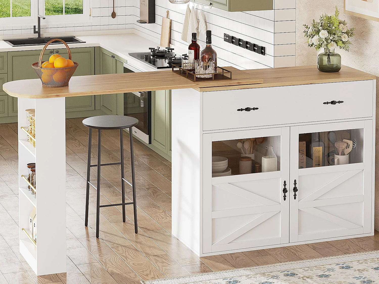 Mobile bar girevole a 360° e richiudibile - con 1 cassetto e 2 ante - ripiani aperti - bianco + naturale