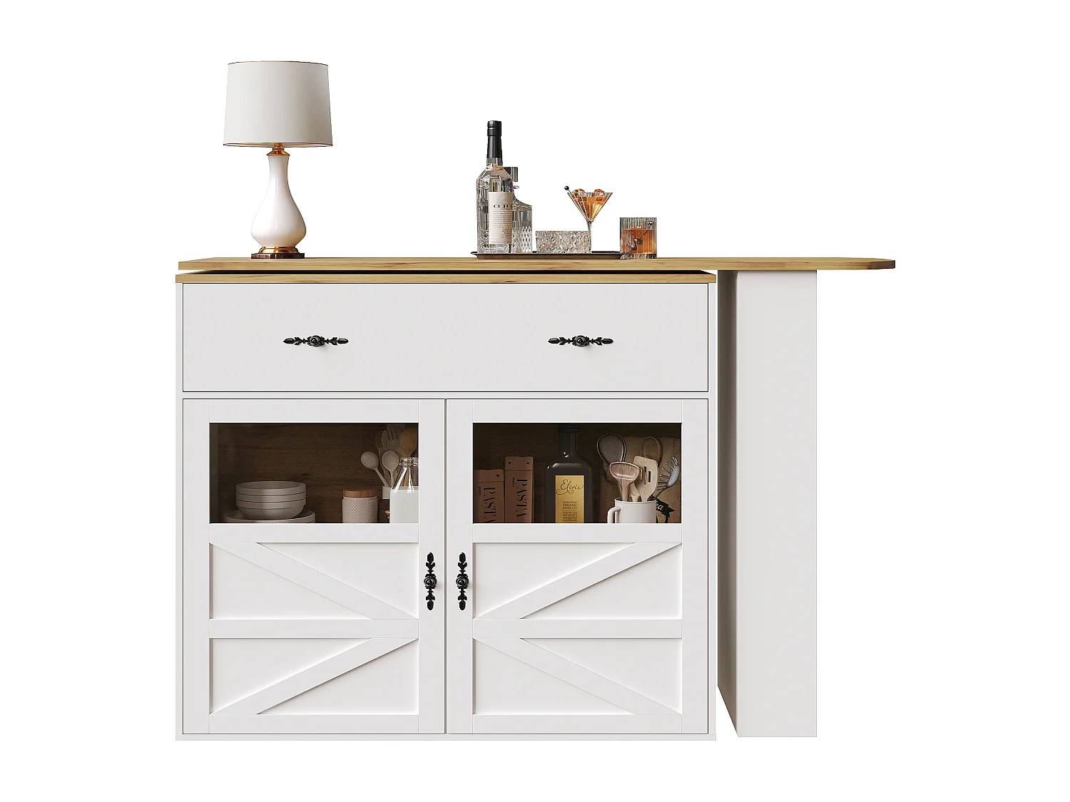 Mobile bar girevole a 360° e richiudibile - con 1 cassetto e 2 ante - ripiani aperti - bianco + naturale