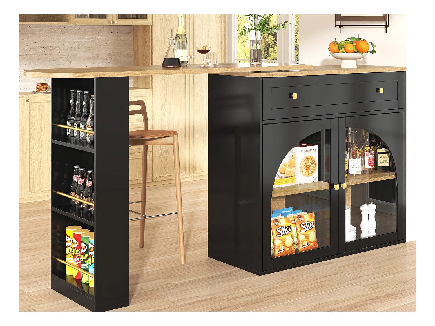 Meuble de bar pivotant 360° et escamotable - avec 1 tiroir et 2 portes - étagères ouvertes - noir + naturel