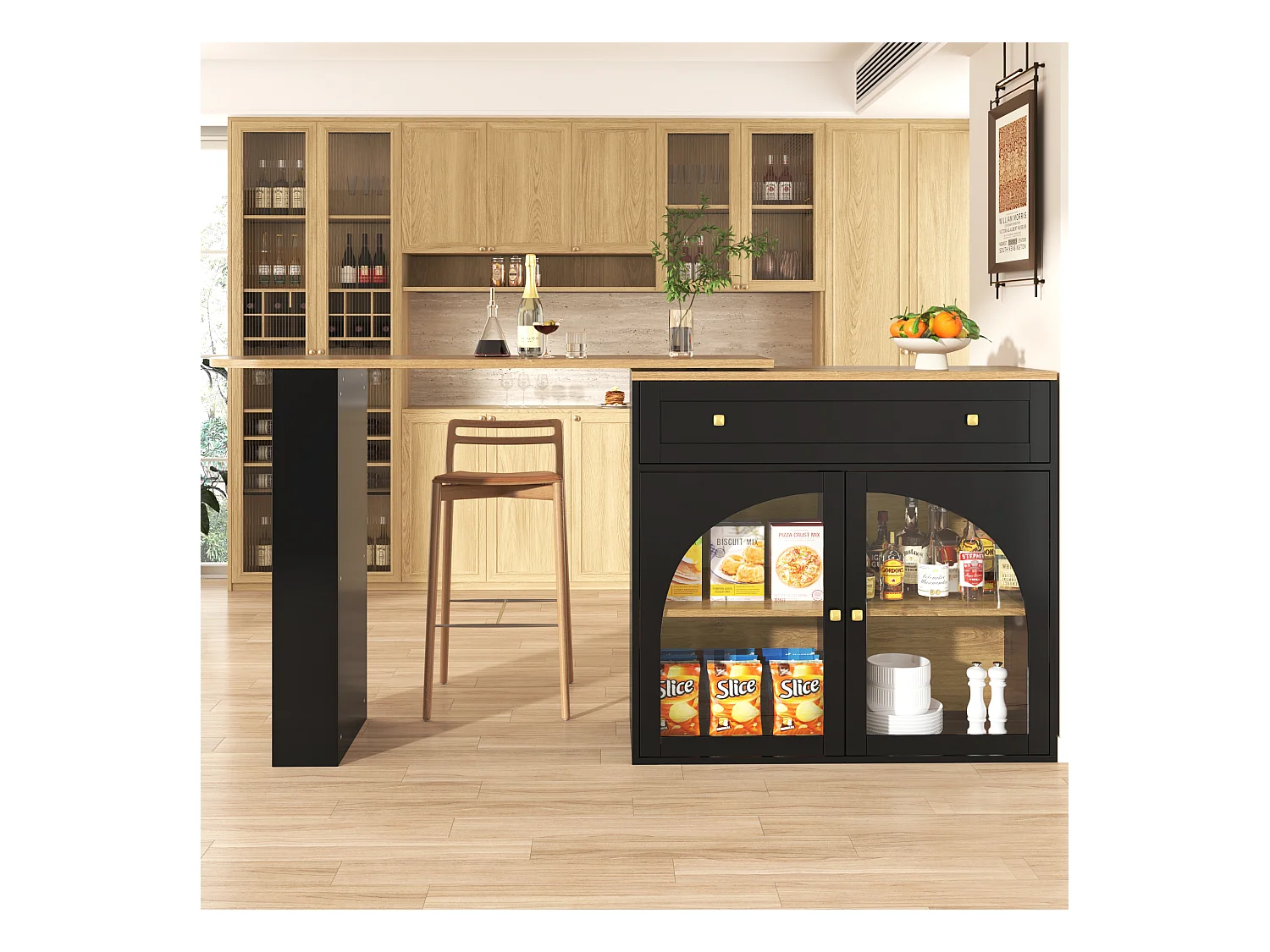 Meuble de bar pivotant 360° et escamotable - avec 1 tiroir et 2 portes - étagères ouvertes - noir + naturel