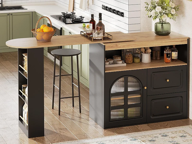 Mueble de bar giratorio 360° y plegable - con 2 cajones y 1 puerta - estantes abiertos - negro + natural