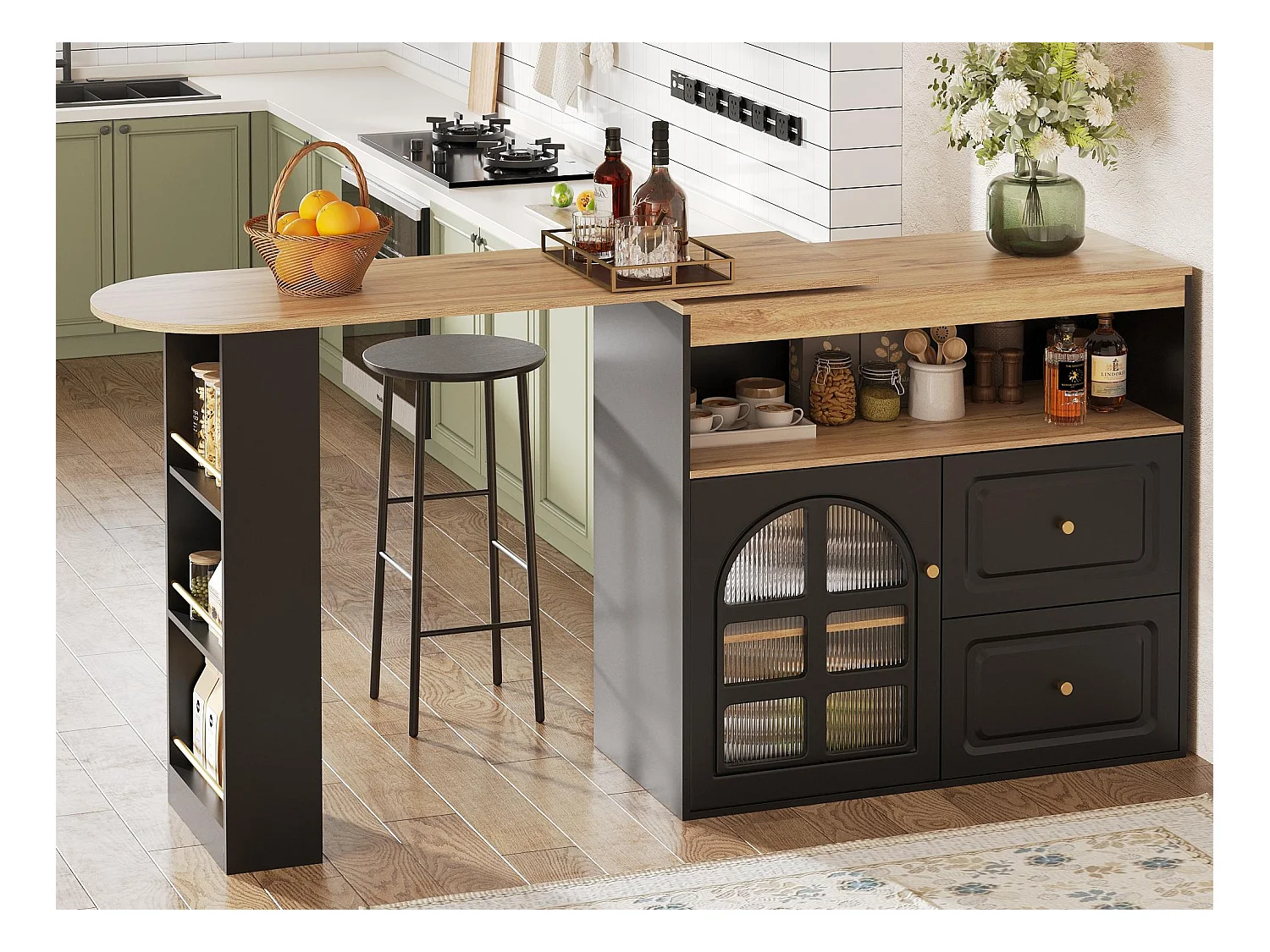 Meuble de bar pivotant 360° et escamotable - avec 2 tiroirs et 1 porte - étagères ouvertes - noir + naturel