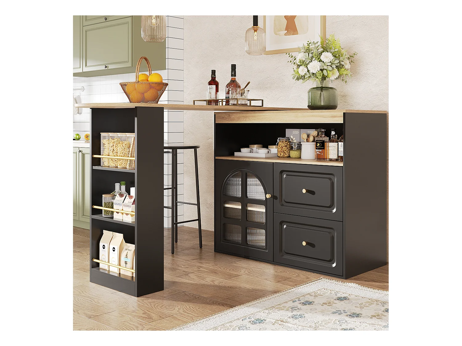 Meuble de bar pivotant 360° et escamotable - avec 2 tiroirs et 1 porte - étagères ouvertes - noir + naturel