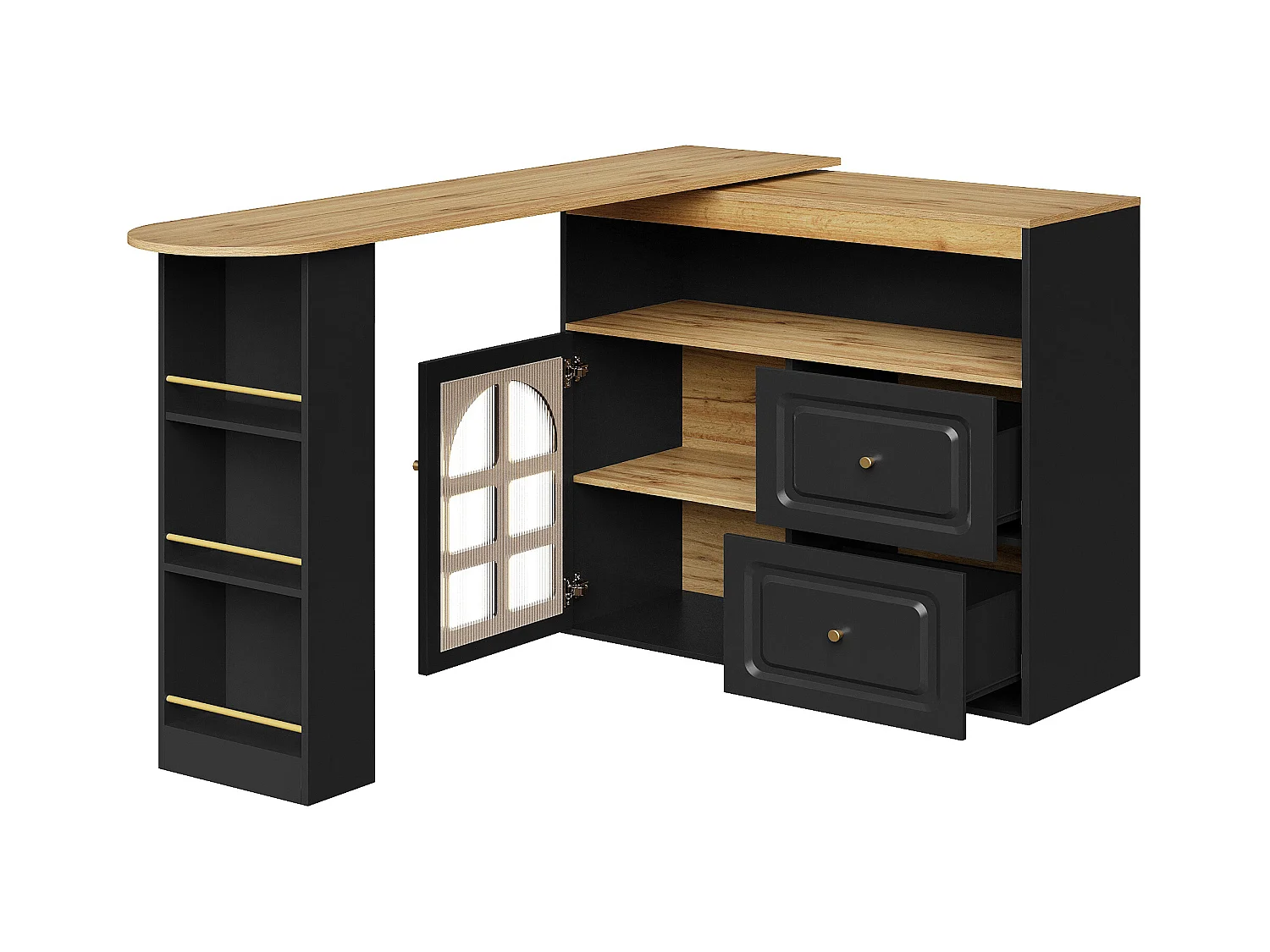 Meuble de bar pivotant 360° et escamotable - avec 2 tiroirs et 1 porte - étagères ouvertes - noir + naturel