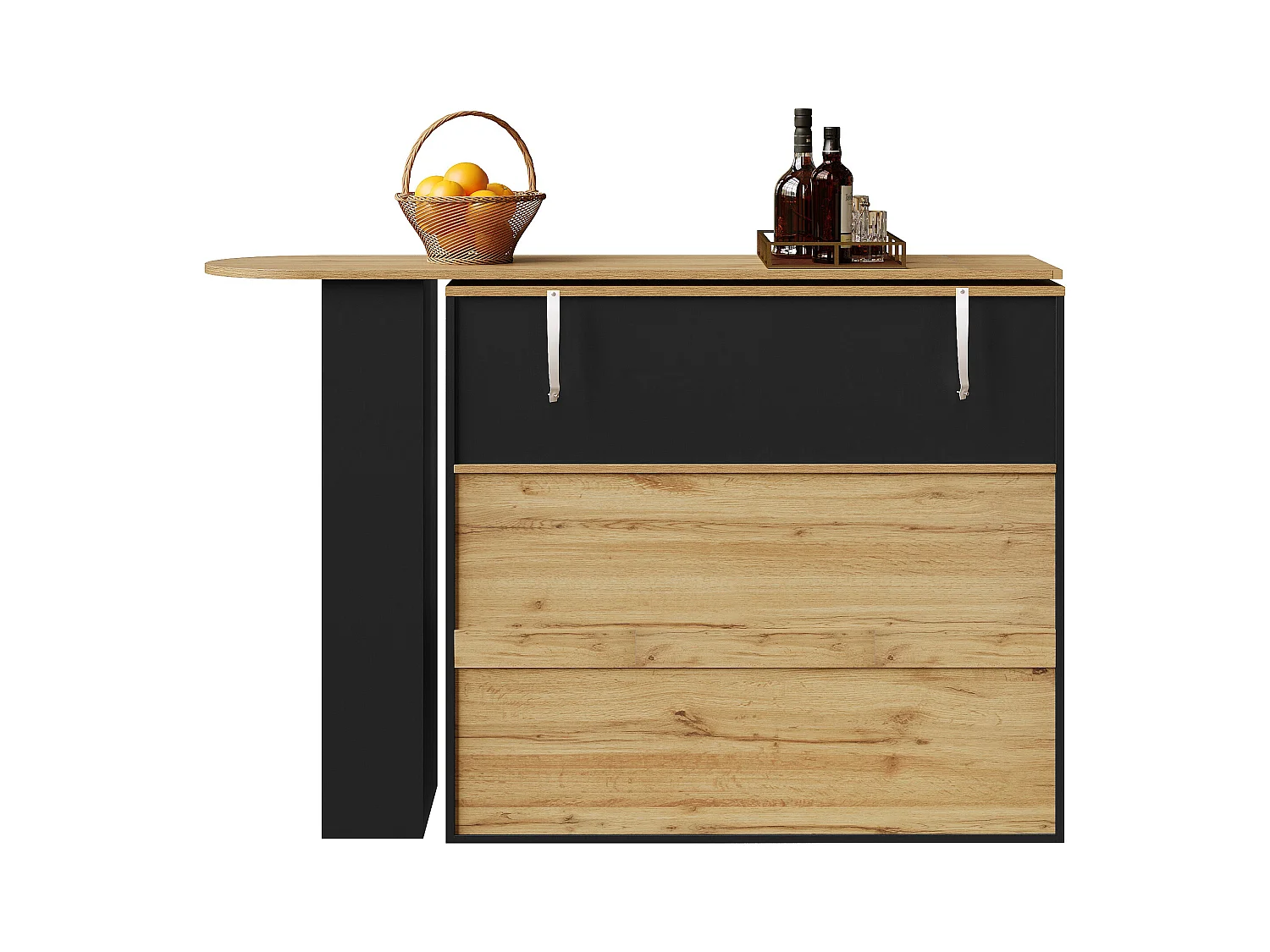 Meuble de bar pivotant 360° et escamotable - avec 2 tiroirs et 1 porte - étagères ouvertes - noir + naturel