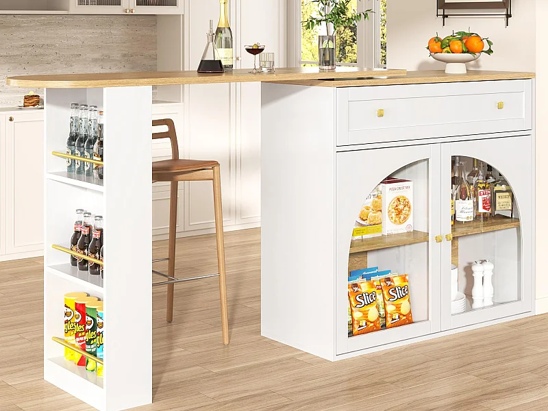 Meuble de bar pivotant 360° et escamotable - avec 1 tiroir et 2 portes - étagères ouvertes - blanc + naturel