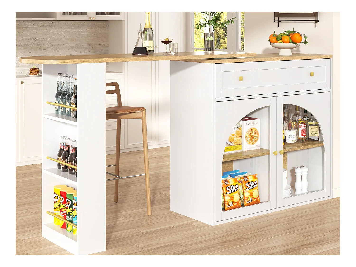 Meuble de bar pivotant 360° et escamotable - avec 1 tiroir et 2 portes - étagères ouvertes - blanc + naturel