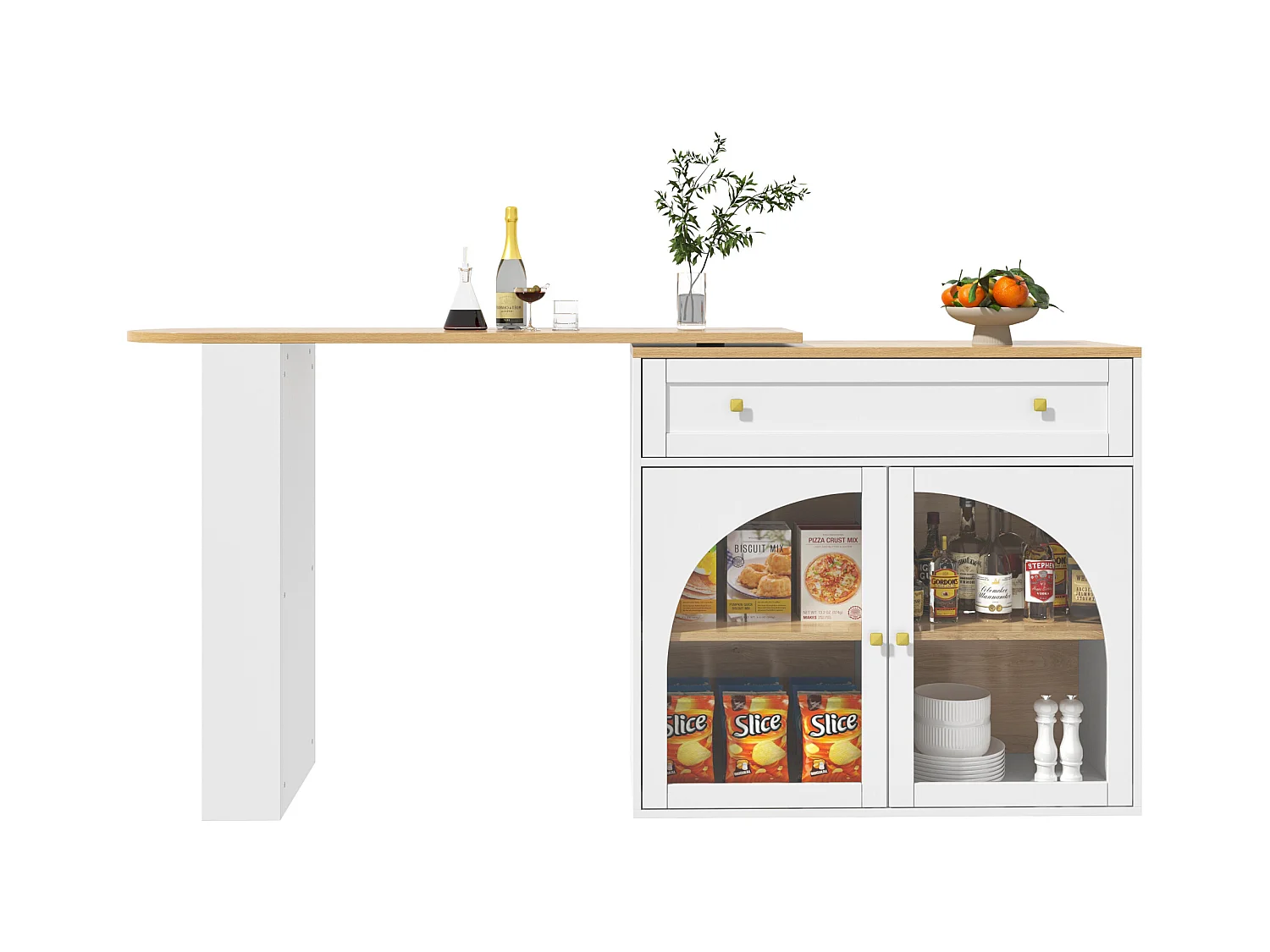 Meuble de bar pivotant 360° et escamotable - avec 1 tiroir et 2 portes - étagères ouvertes - blanc + naturel