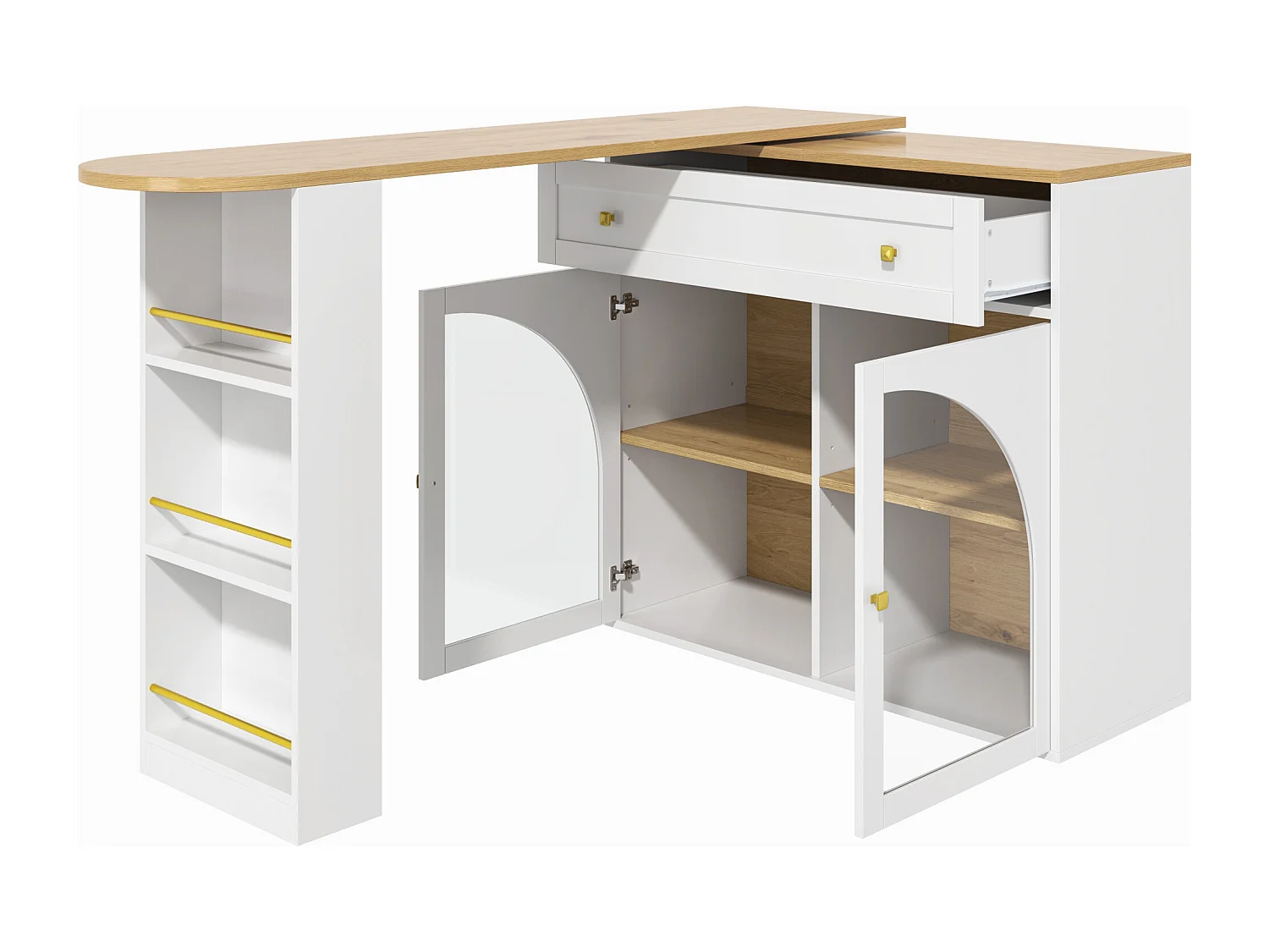 Mobile bar girevole a 360° e richiudibile - con 1 cassetto e 2 ante - ripiani aperti - bianco + naturale