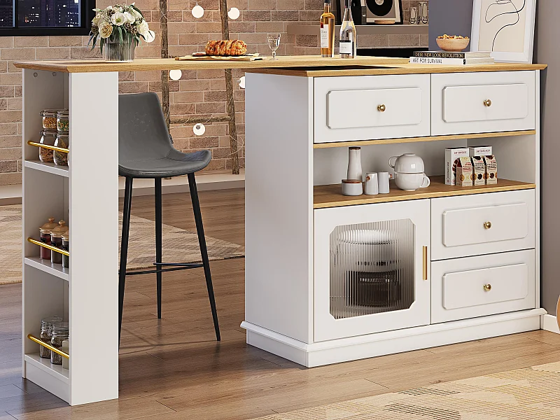 Meuble de bar pivotant 360° et escamotable - avec 4 tiroirs et 1 porte - étagères ouvertes - blanc + naturel