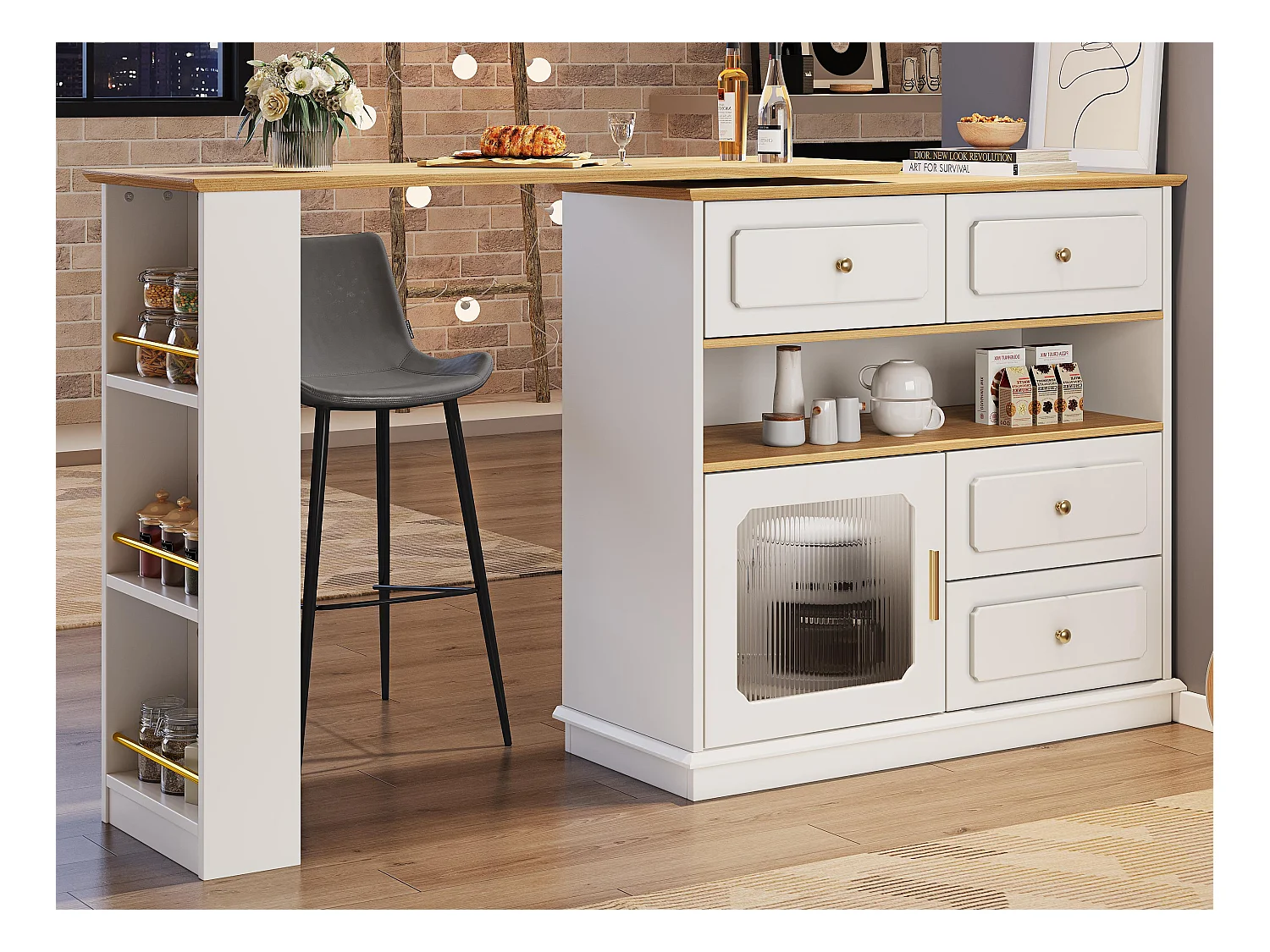 Meuble de bar pivotant 360° et escamotable - avec 4 tiroirs et 1 porte - étagères ouvertes - blanc + naturel