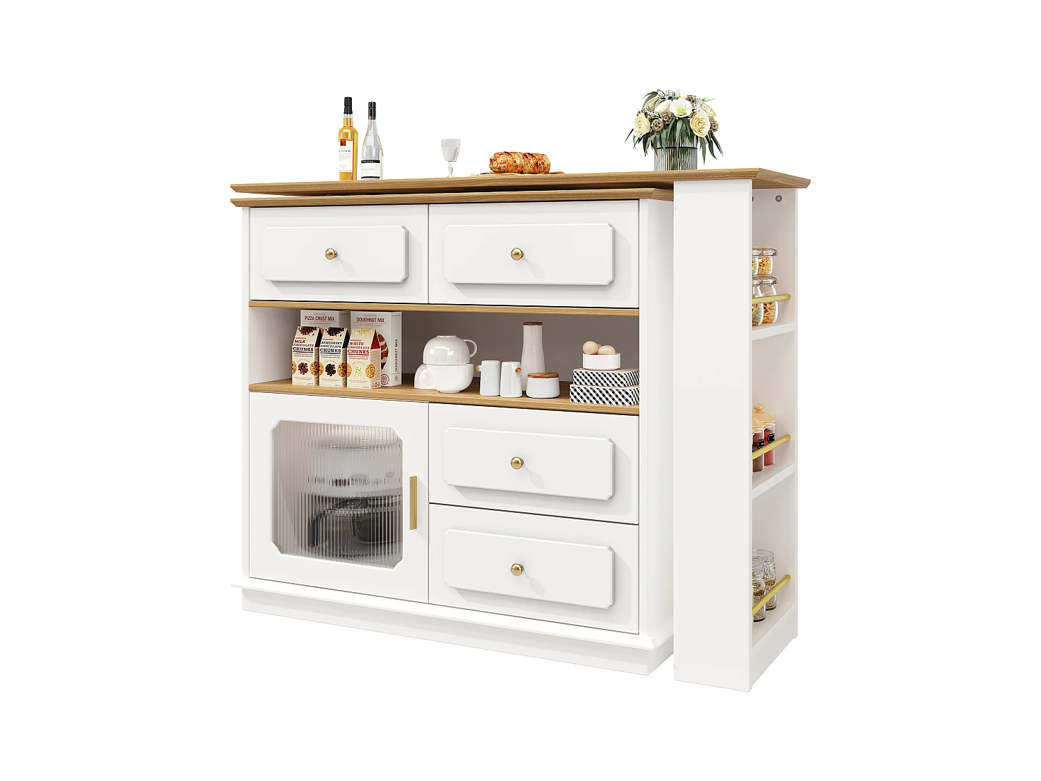 Meuble de bar pivotant 360° et escamotable - avec 4 tiroirs et 1 porte - étagères ouvertes - blanc + naturel