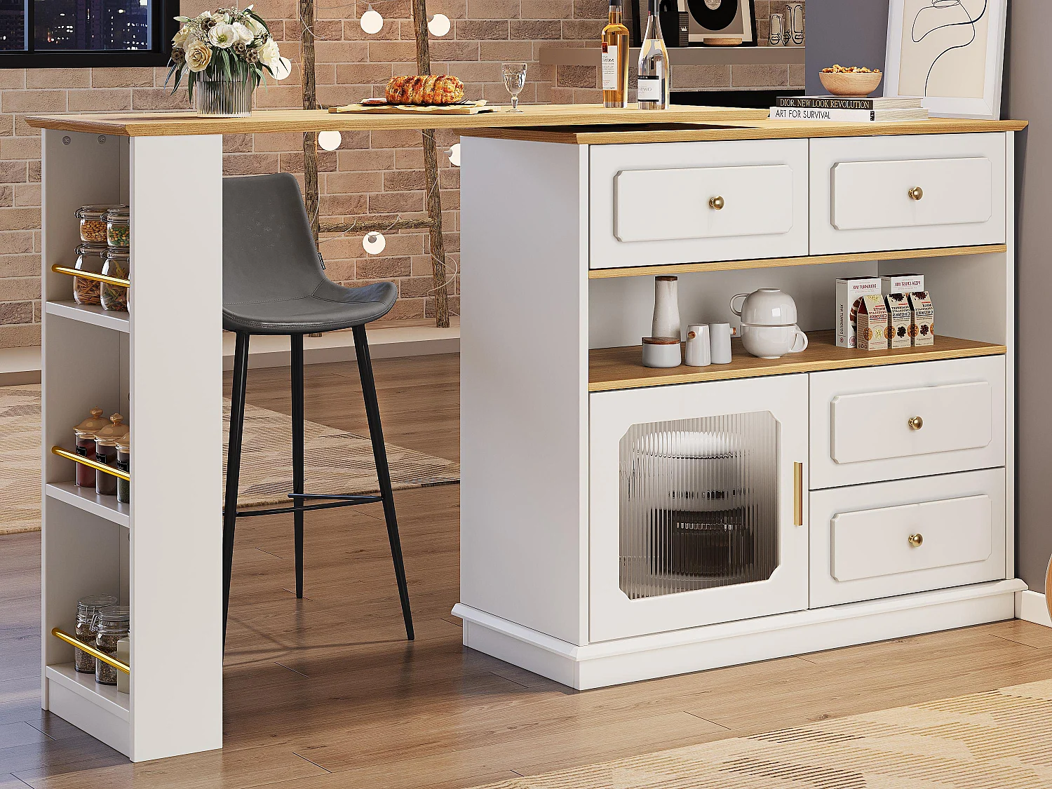 360° drehbares und einziehbares Bar-Möbel - mit 4 Schubladen und 1 Tür - offene Regale - weiß + natur