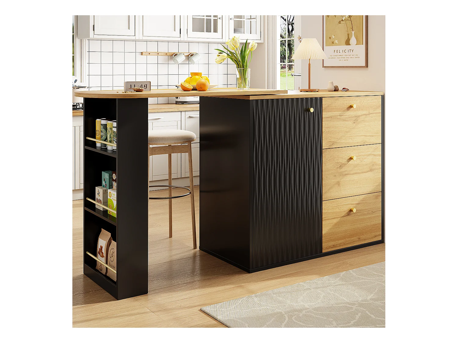 Móvel de bar giratório 360° e retrátil - com 3 gavetas e 1 porta - prateleiras abertas - preto + natural