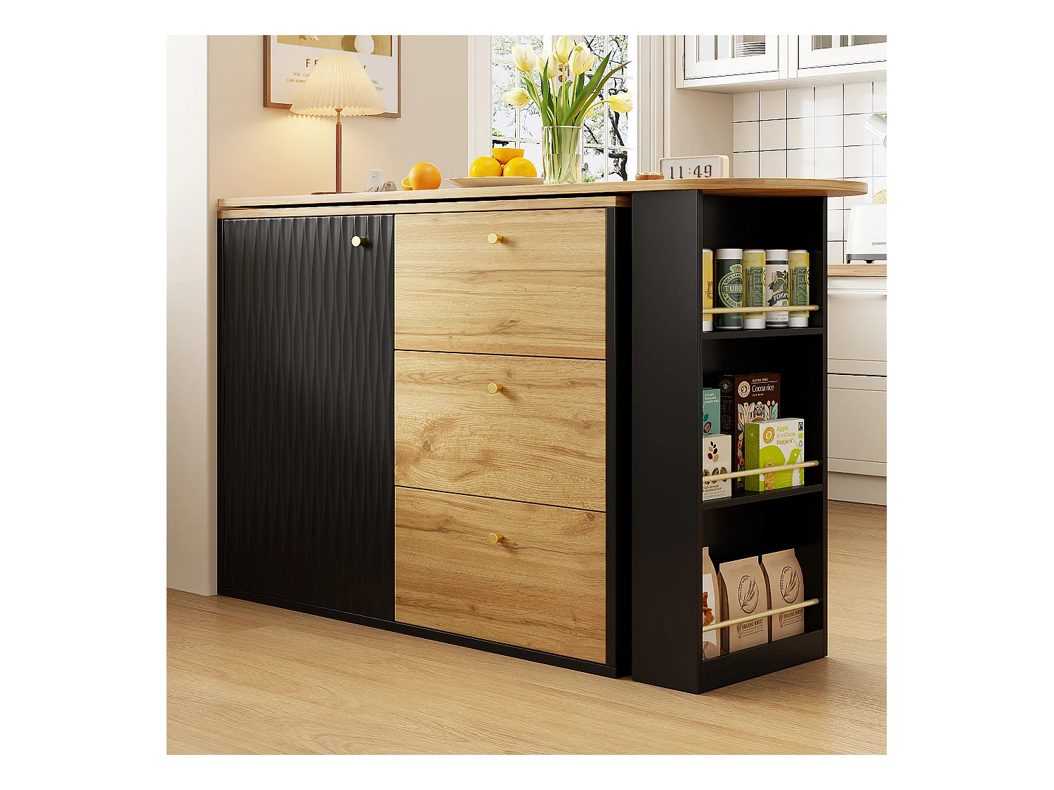 Móvel de bar giratório 360° e retrátil - com 3 gavetas e 1 porta - prateleiras abertas - preto + natural