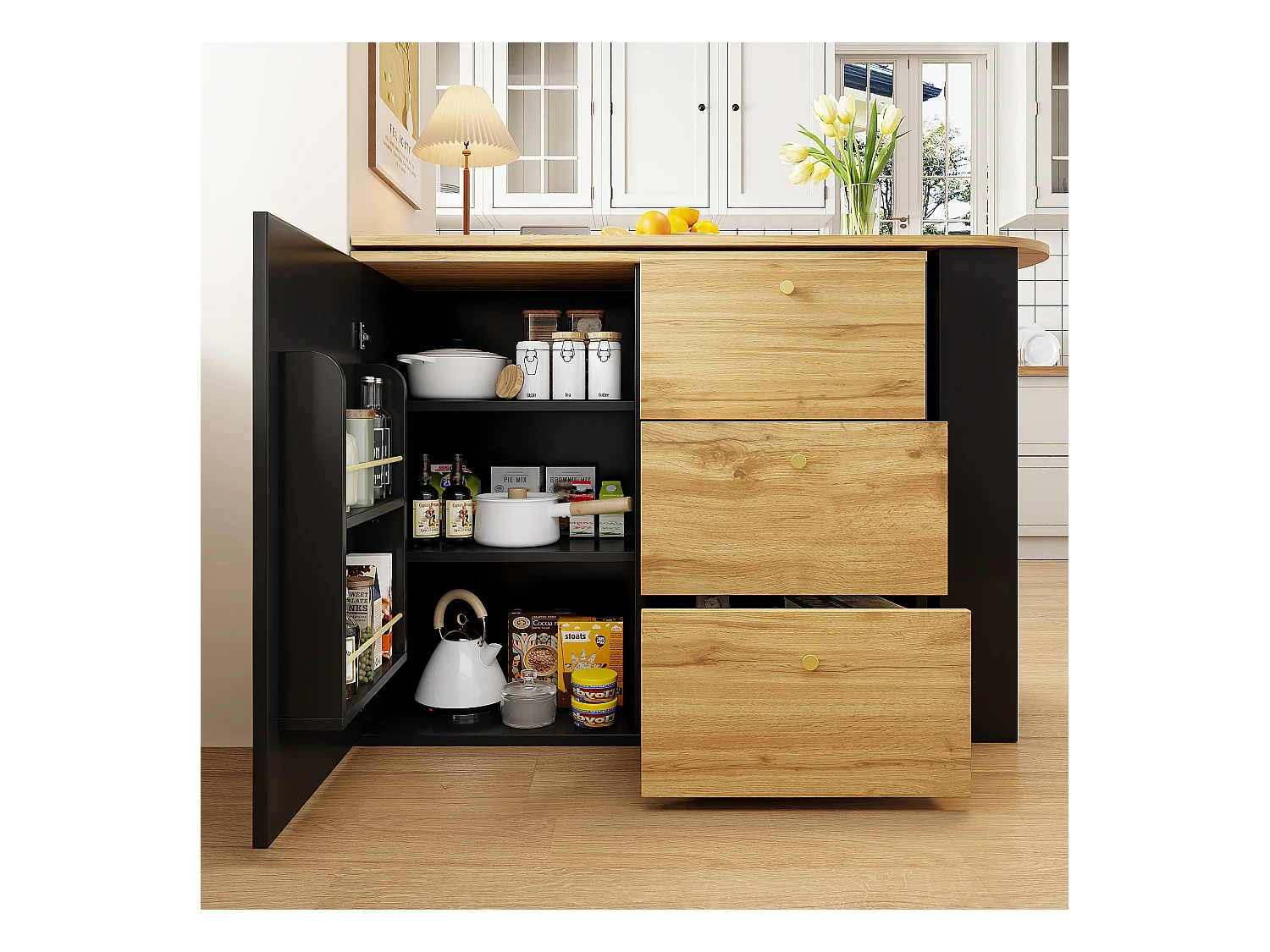 Móvel de bar giratório 360° e retrátil - com 3 gavetas e 1 porta - prateleiras abertas - preto + natural