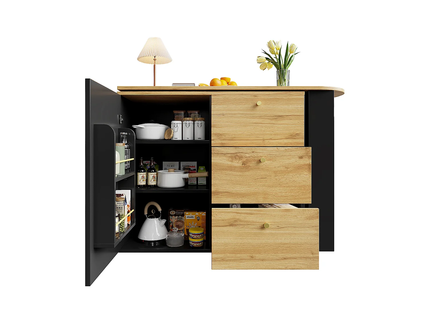 Móvel de bar giratório 360° e retrátil - com 3 gavetas e 1 porta - prateleiras abertas - preto + natural