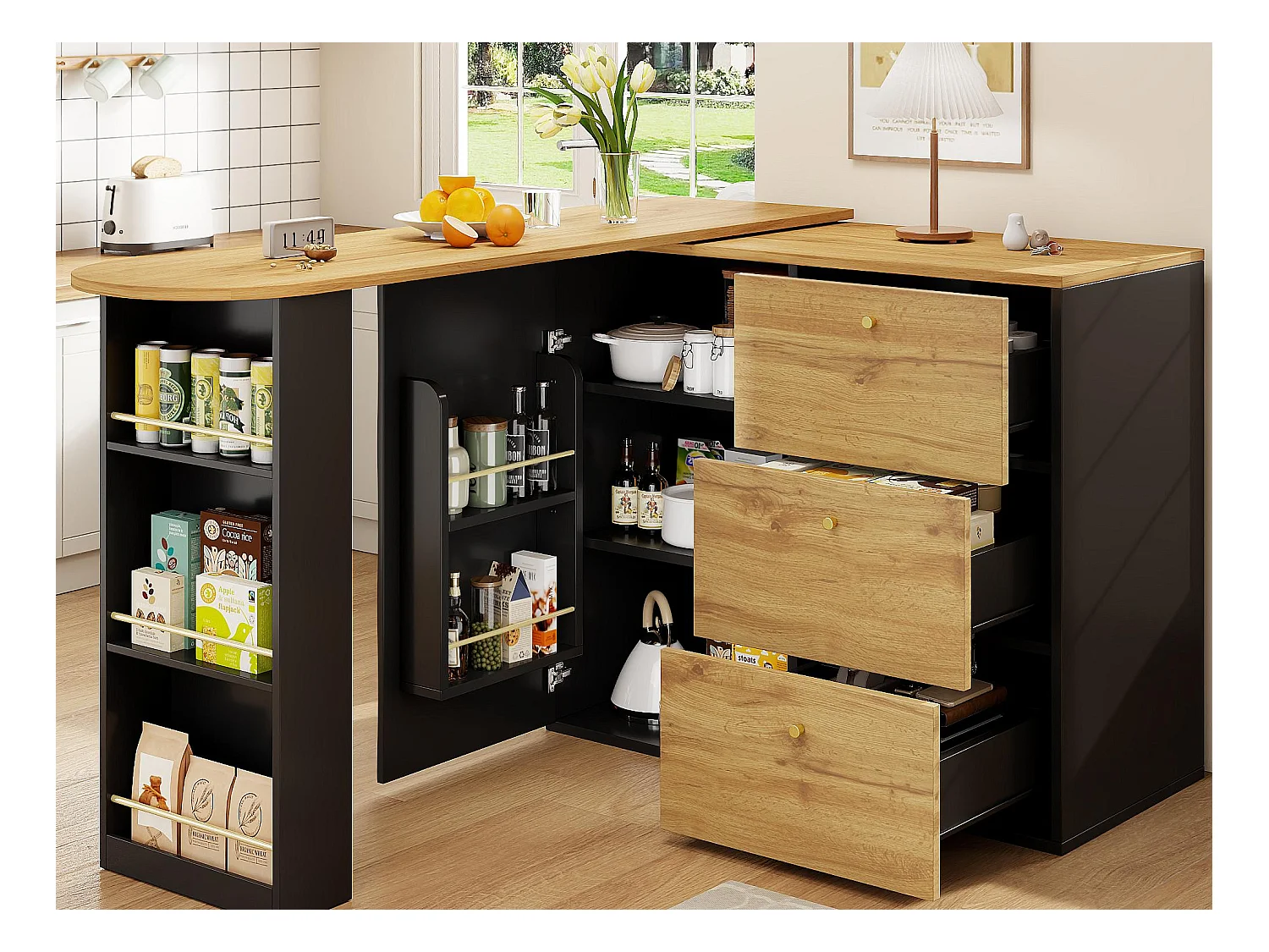 Meuble de bar pivotant 360° et escamotable - avec 3 tiroirs et 1 porte - étagères ouvertes - noir + naturel