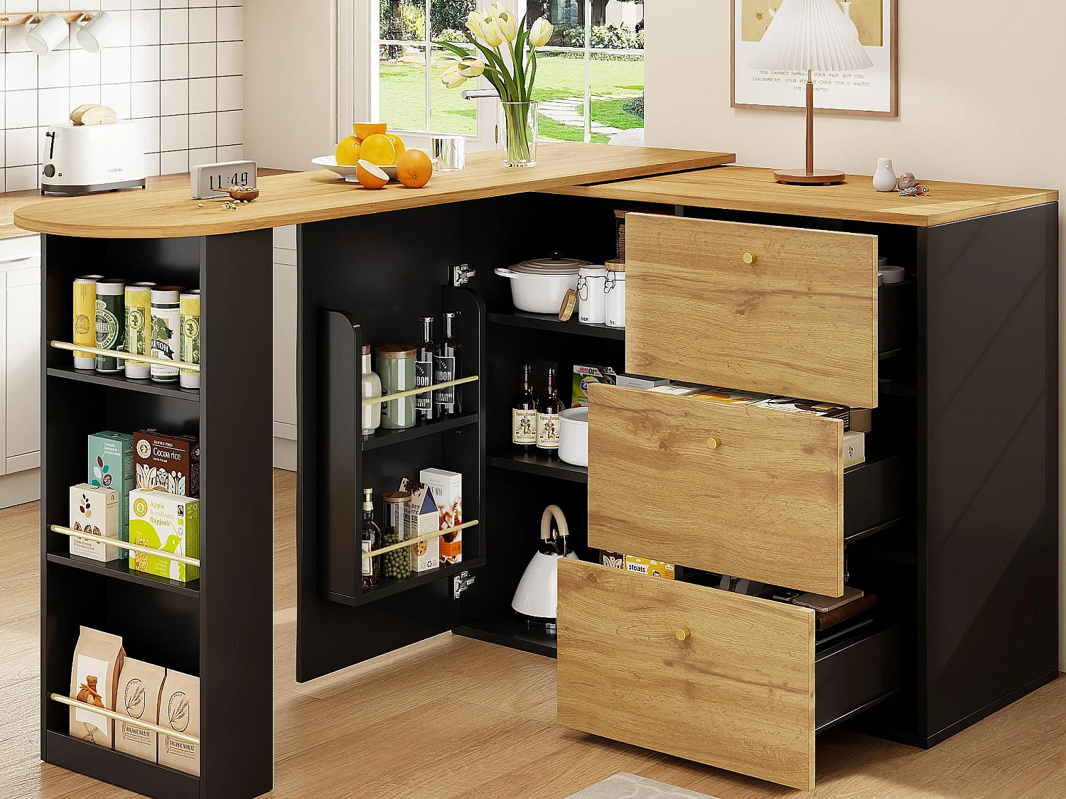 Mobile bar girevole a 360° e richiudibile - con 3 cassetti e 1 anta - ripiani aperti - nero + naturale