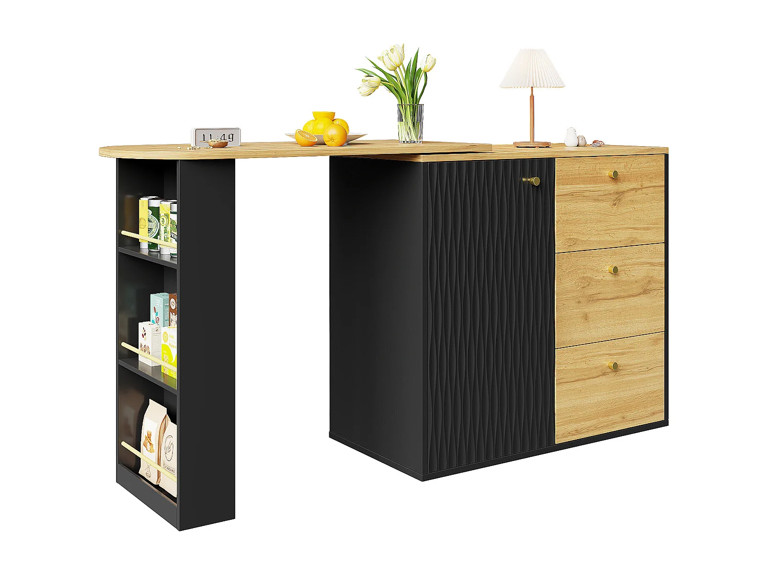 Mobile bar girevole a 360° e richiudibile - con 3 cassetti e 1 anta - ripiani aperti - nero + naturale