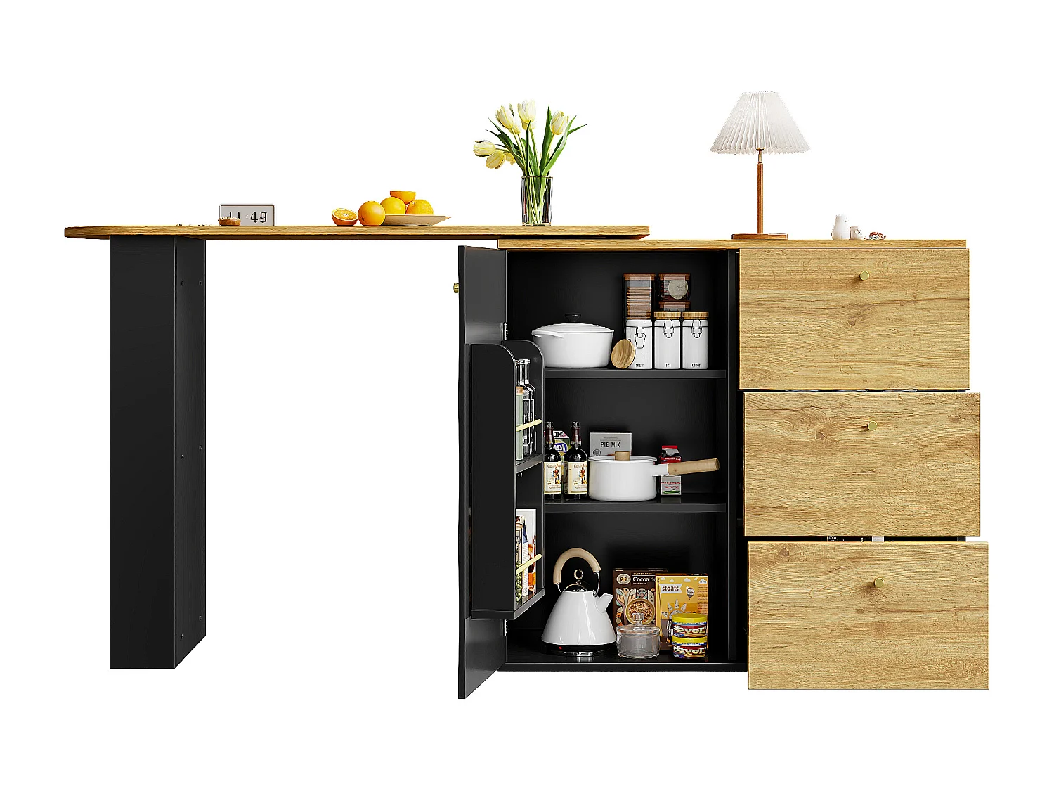 Mobile bar girevole a 360° e richiudibile - con 3 cassetti e 1 anta - ripiani aperti - nero + naturale