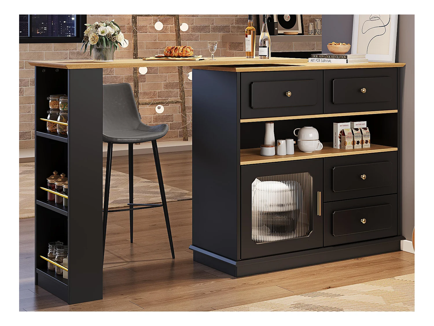 Meuble de bar pivotant 360° et escamotable - avec 4 tiroirs et 1 porte - étagères ouvertes - noir + naturel