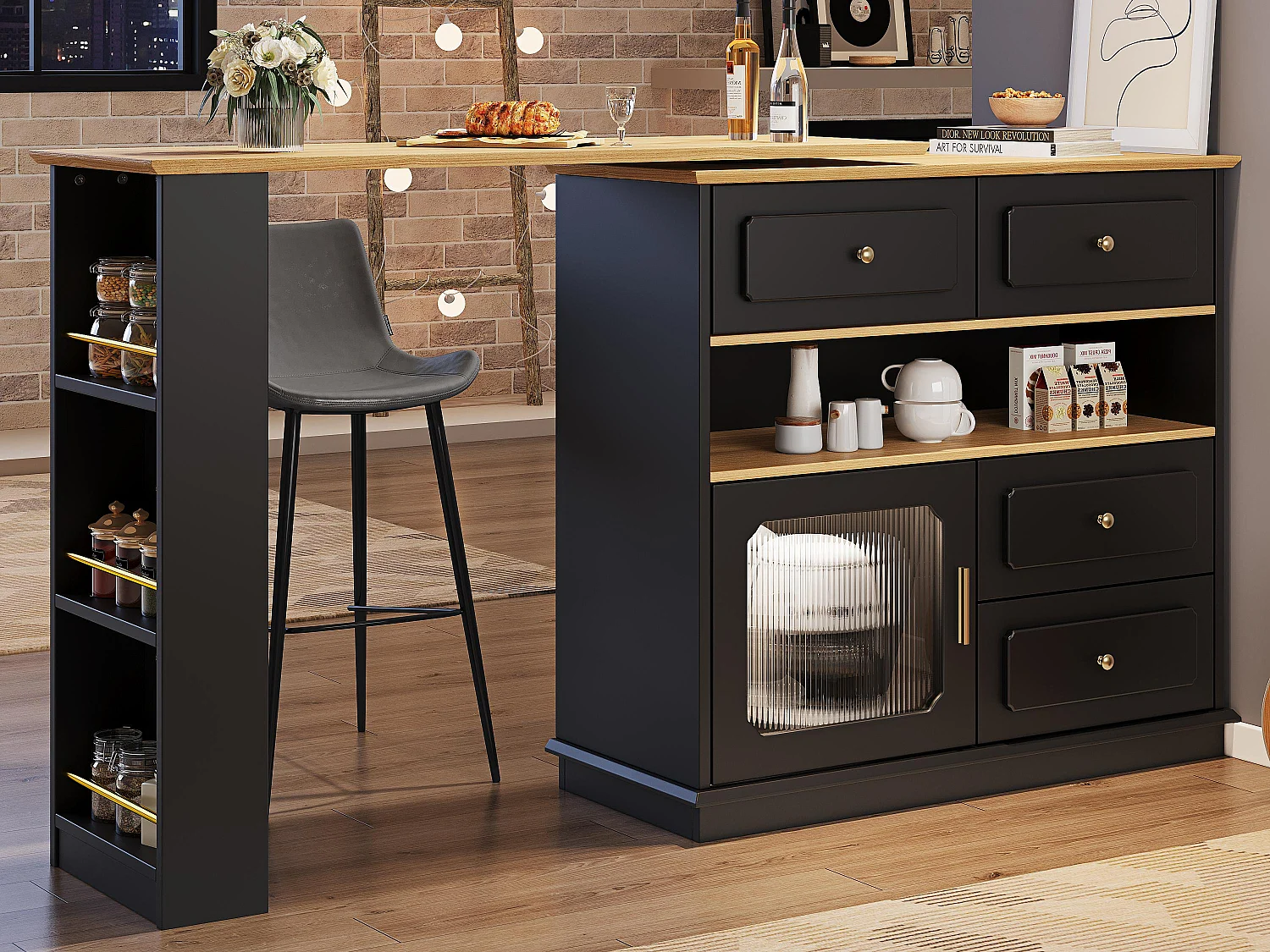 360° drehbares und einziehbares Bar-Möbel - mit 4 Schubladen und 1 Tür - offene Regale - schwarz + natur