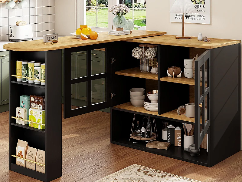 Mueble de bar giratorio 360° y plegable - con 2 puertas y estantes abiertos - negro + natural