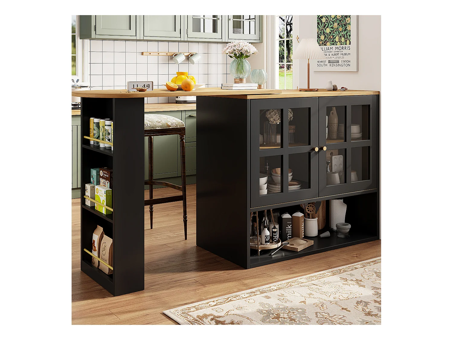 Meuble de bar pivotant 360° et escamotable - avec 2 portes et étagères ouvertes - noir + naturel