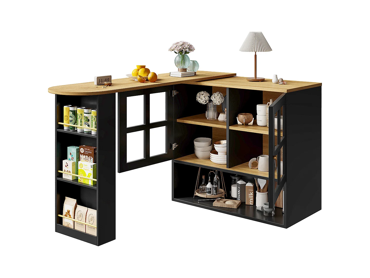 Meuble de bar pivotant 360° et escamotable - avec 2 portes et étagères ouvertes - noir + naturel