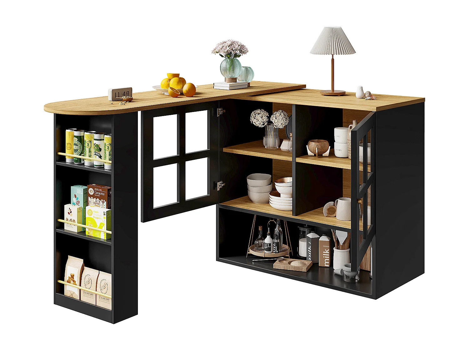 Mobile bar girevole a 360° e richiudibile - con 2 ante e ripiani aperti - nero + naturale