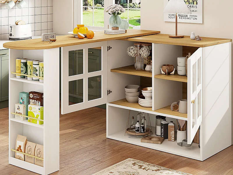 Meuble de bar pivotant 360° et escamotable - avec 2 portes et étagères ouvertes - blanc+ naturel