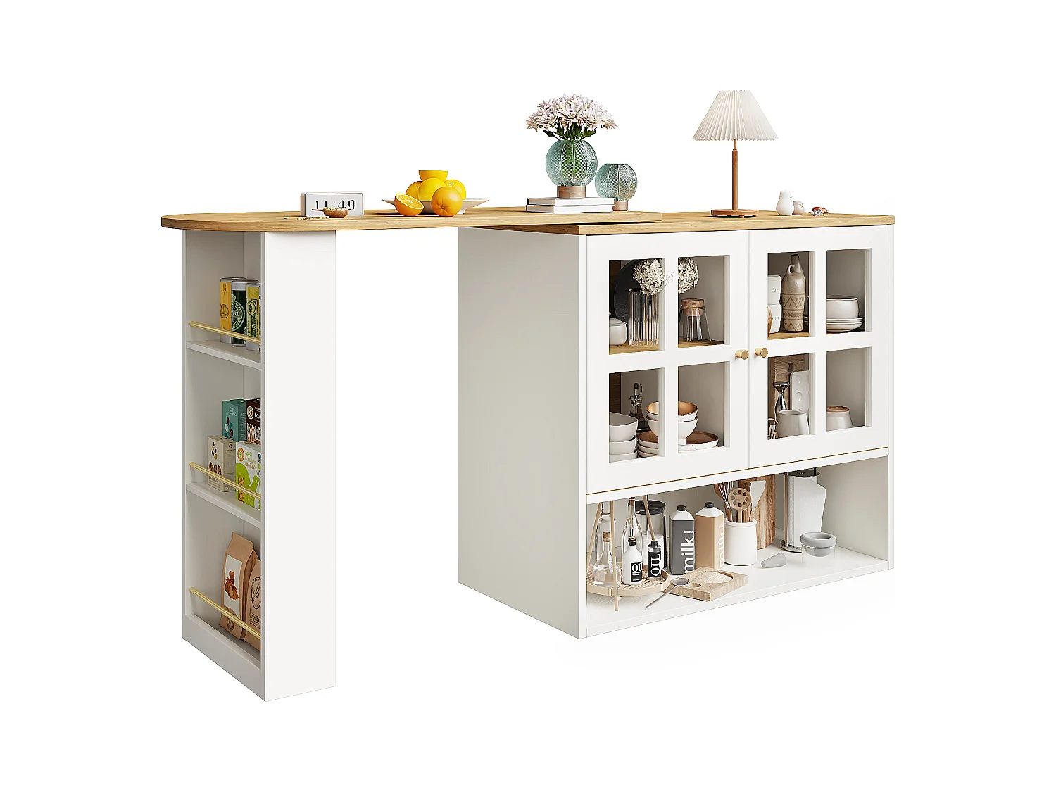 Meuble de bar pivotant 360° et escamotable - avec 2 portes et étagères ouvertes - blanc+ naturel