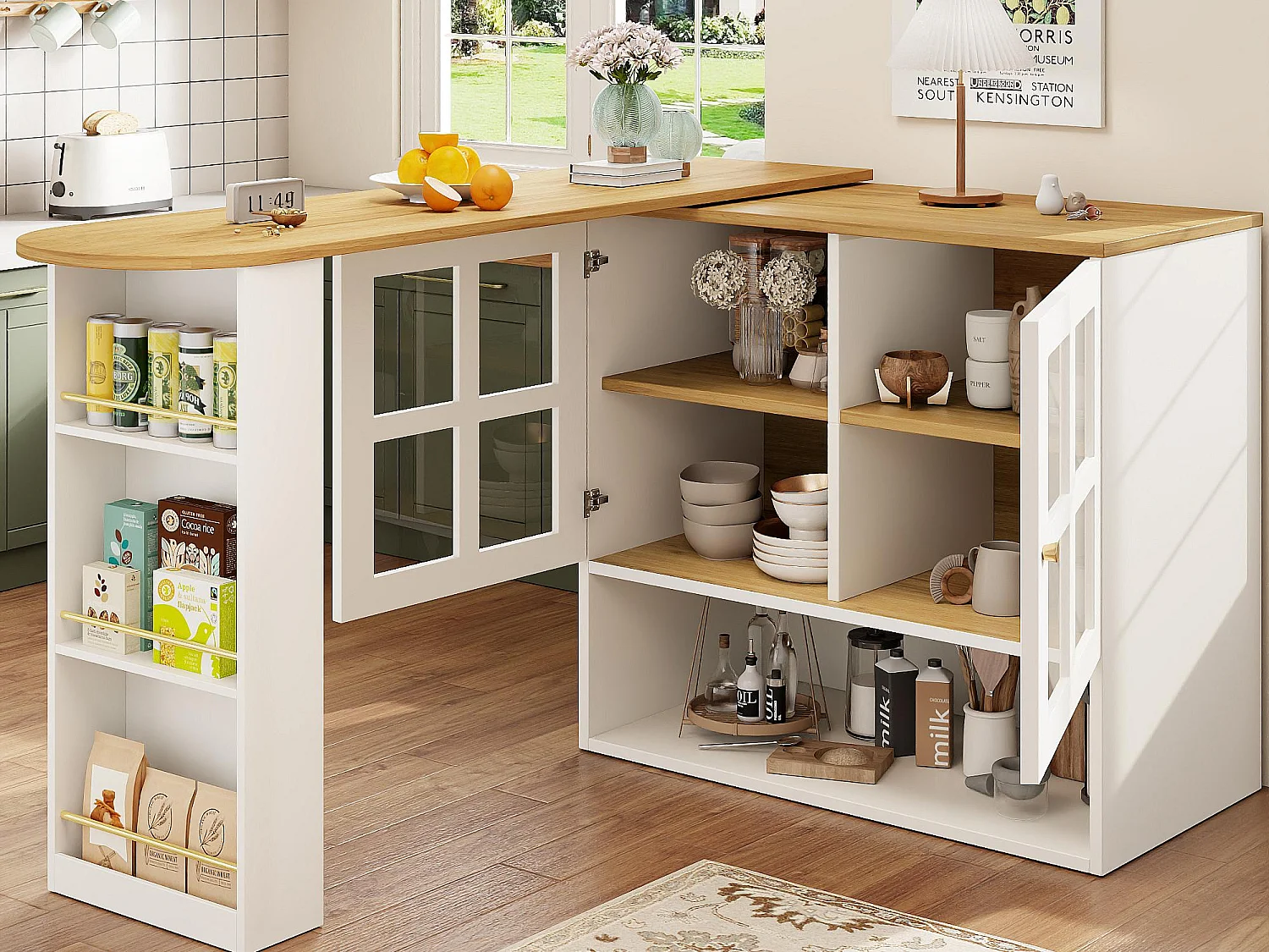 360° drehbares und einziehbares Bar-Möbel - mit 2 Türen und offenen Regalen - weiß + natur