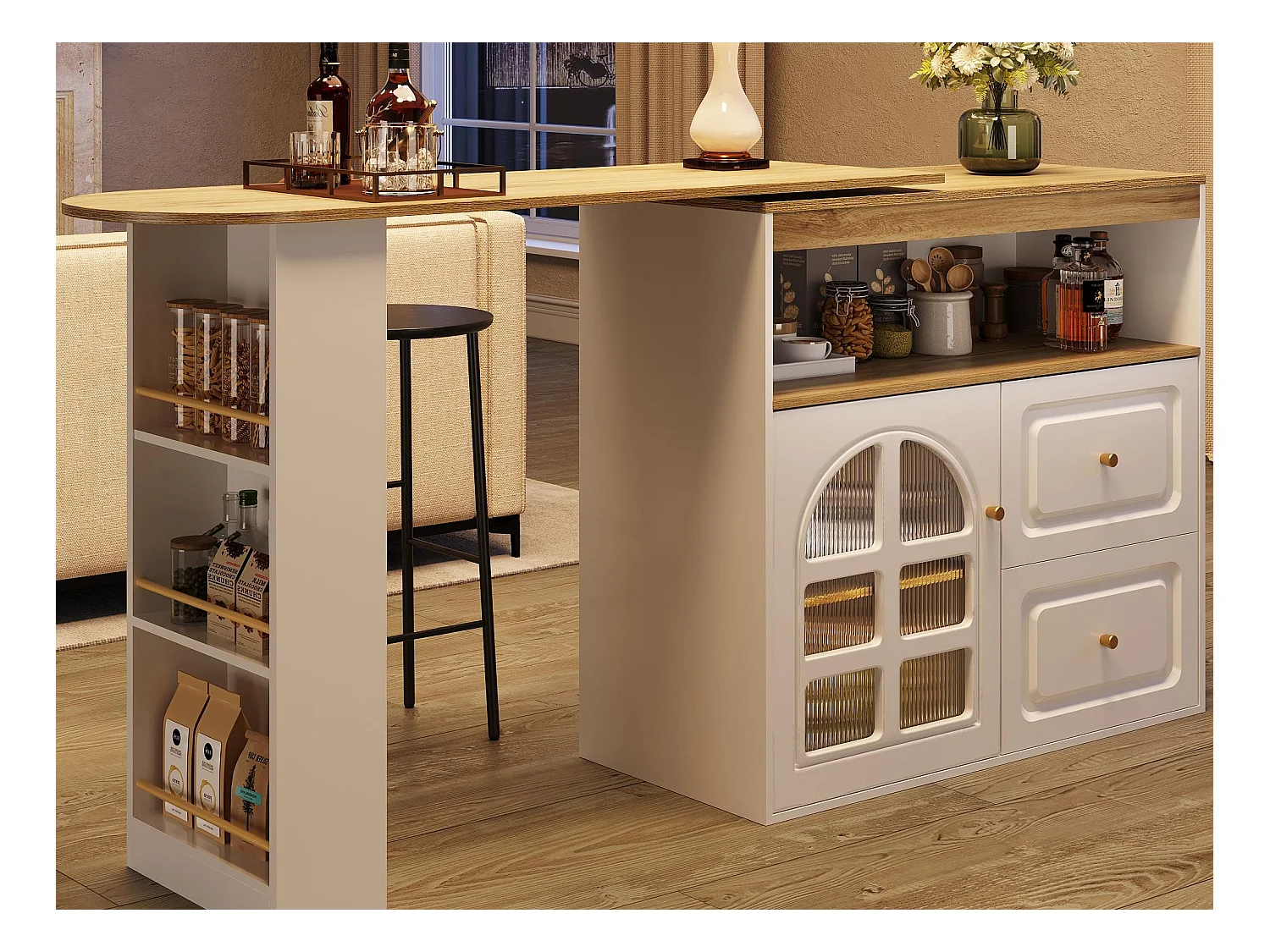 Meuble de bar pivotant 360° et escamotable - avec 2 tiroirs et 1 porte - étagères ouvertes - balnc+ naturel