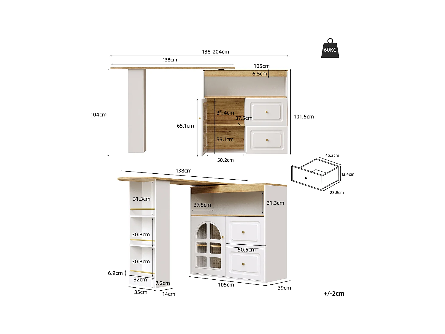 Meuble de bar pivotant 360° et escamotable - avec 2 tiroirs et 1 porte - étagères ouvertes - balnc+ naturel