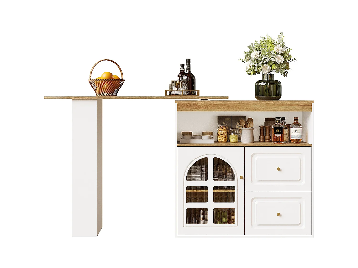 Meuble de bar pivotant 360° et escamotable - avec 2 tiroirs et 1 porte - étagères ouvertes - balnc+ naturel