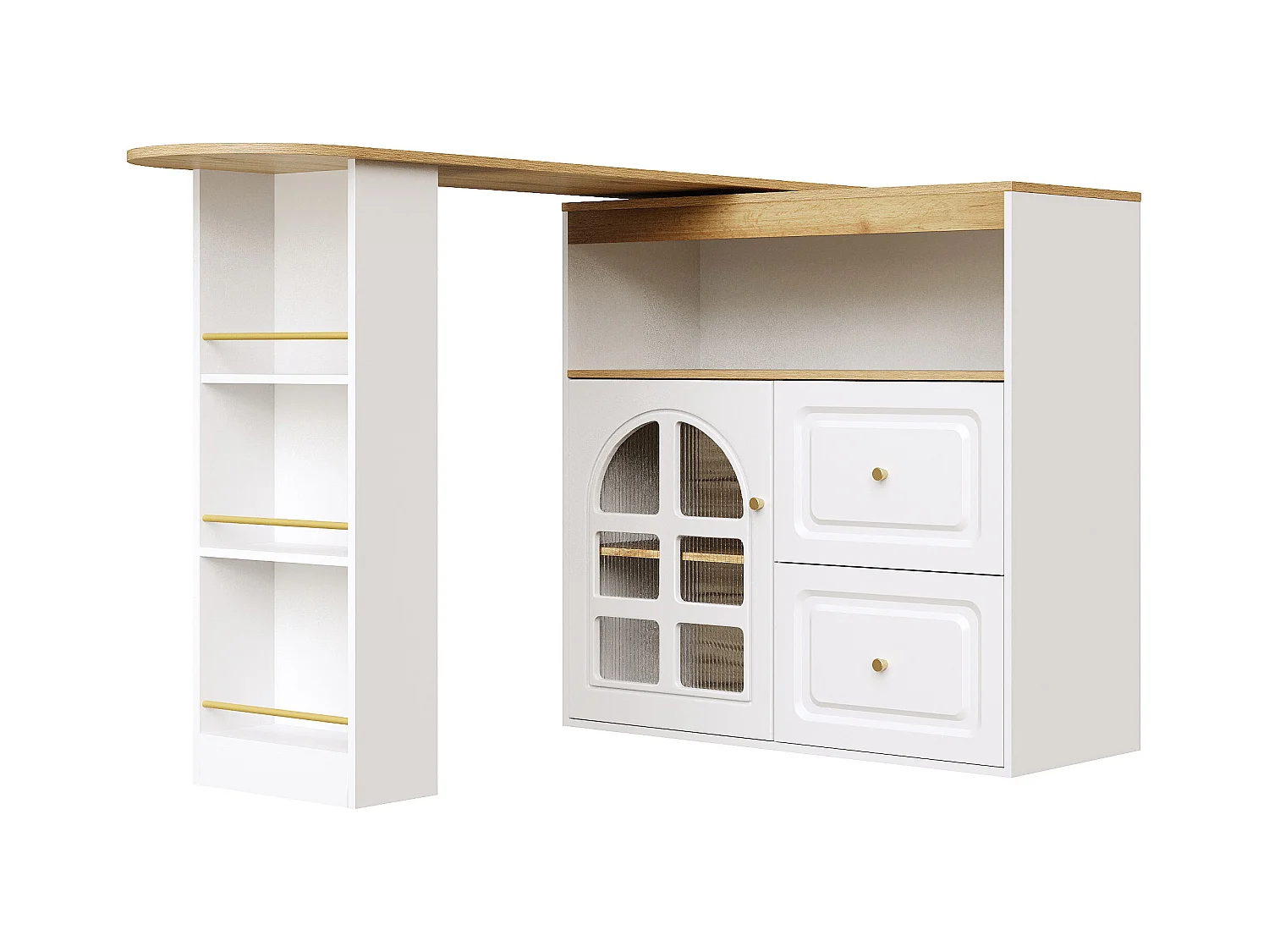 Meuble de bar pivotant 360° et escamotable - avec 2 tiroirs et 1 porte - étagères ouvertes - balnc+ naturel