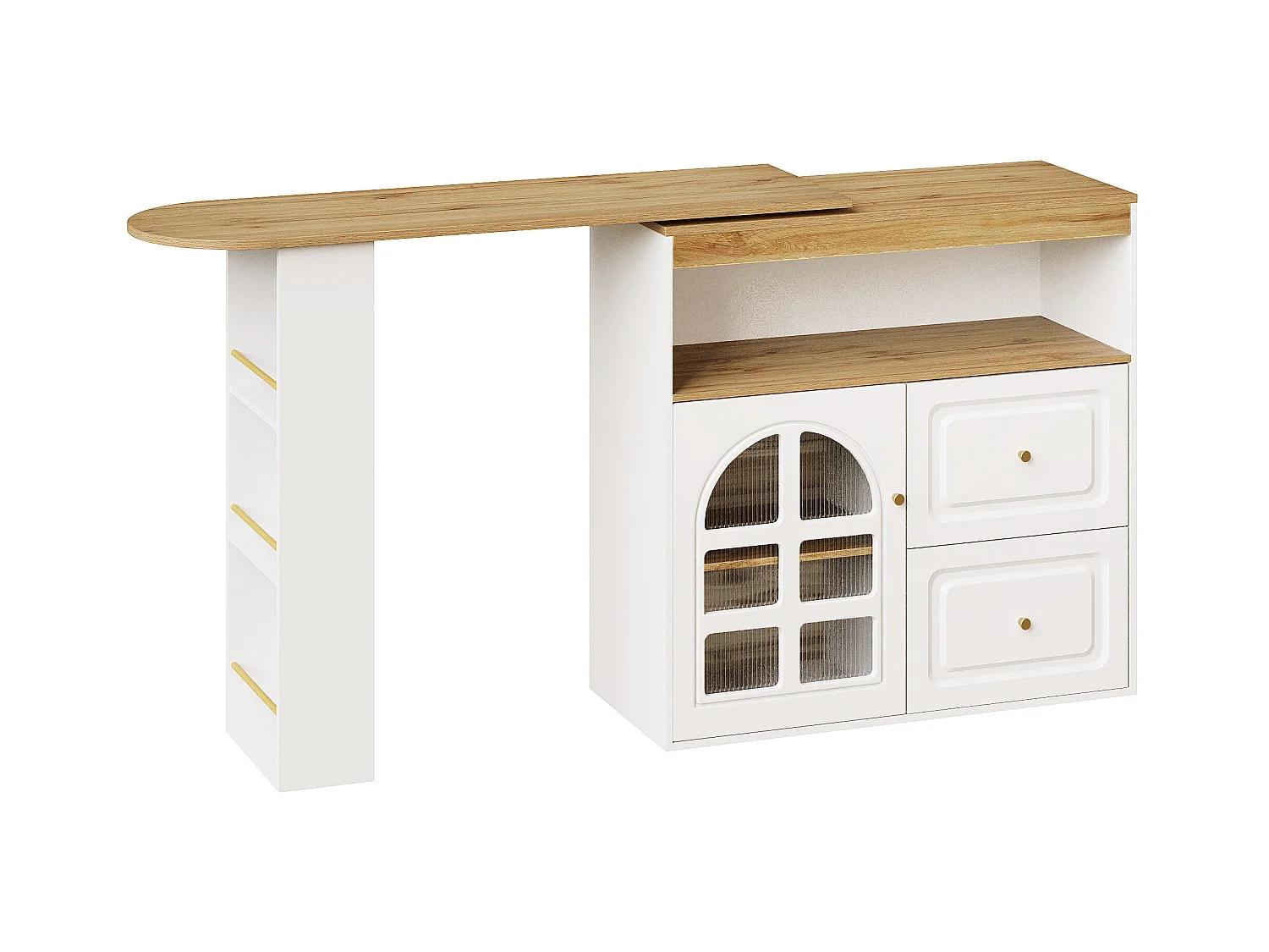 Meuble de bar pivotant 360° et escamotable - avec 2 tiroirs et 1 porte - étagères ouvertes - balnc+ naturel