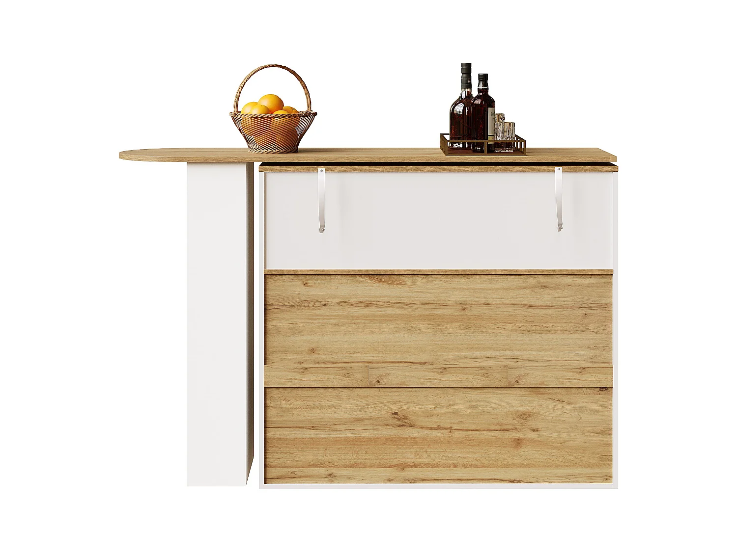 Meuble de bar pivotant 360° et escamotable - avec 2 tiroirs et 1 porte - étagères ouvertes - balnc+ naturel