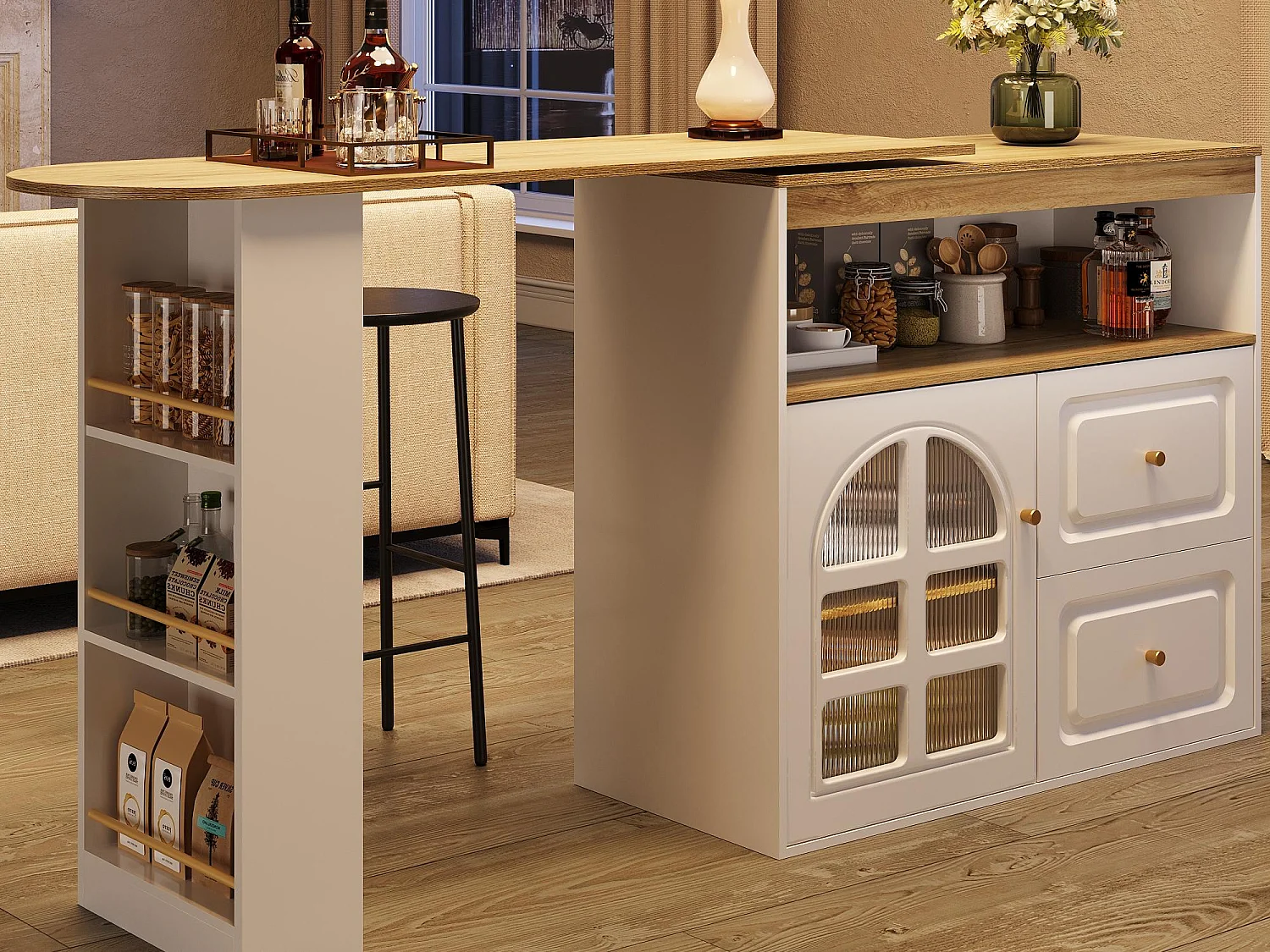 Mobile bar girevole a 360° e richiudibile - con 2 cassetti e 1 anta - ripiani aperti - bianco + naturale