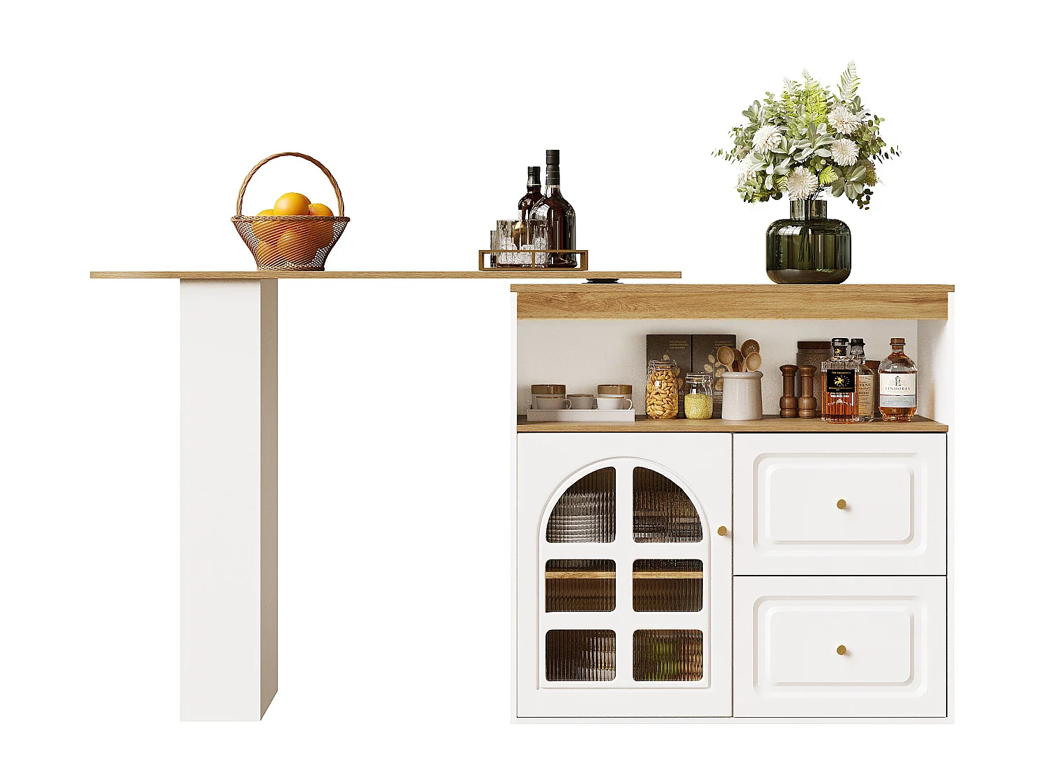 Mobile bar girevole a 360° e richiudibile - con 2 cassetti e 1 anta - ripiani aperti - bianco + naturale