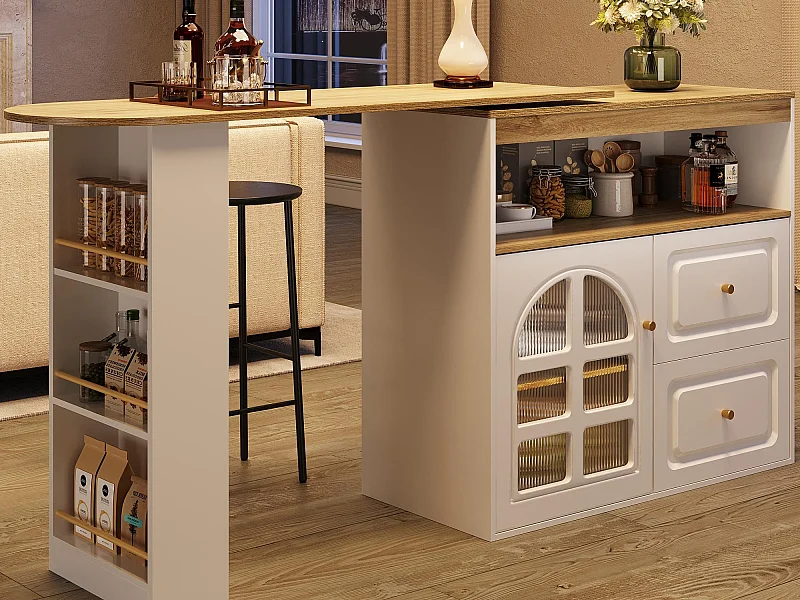 Móvel de bar giratório 360° e retrátil - com 2 gavetas e 1 porta - prateleiras abertas - branco + natural