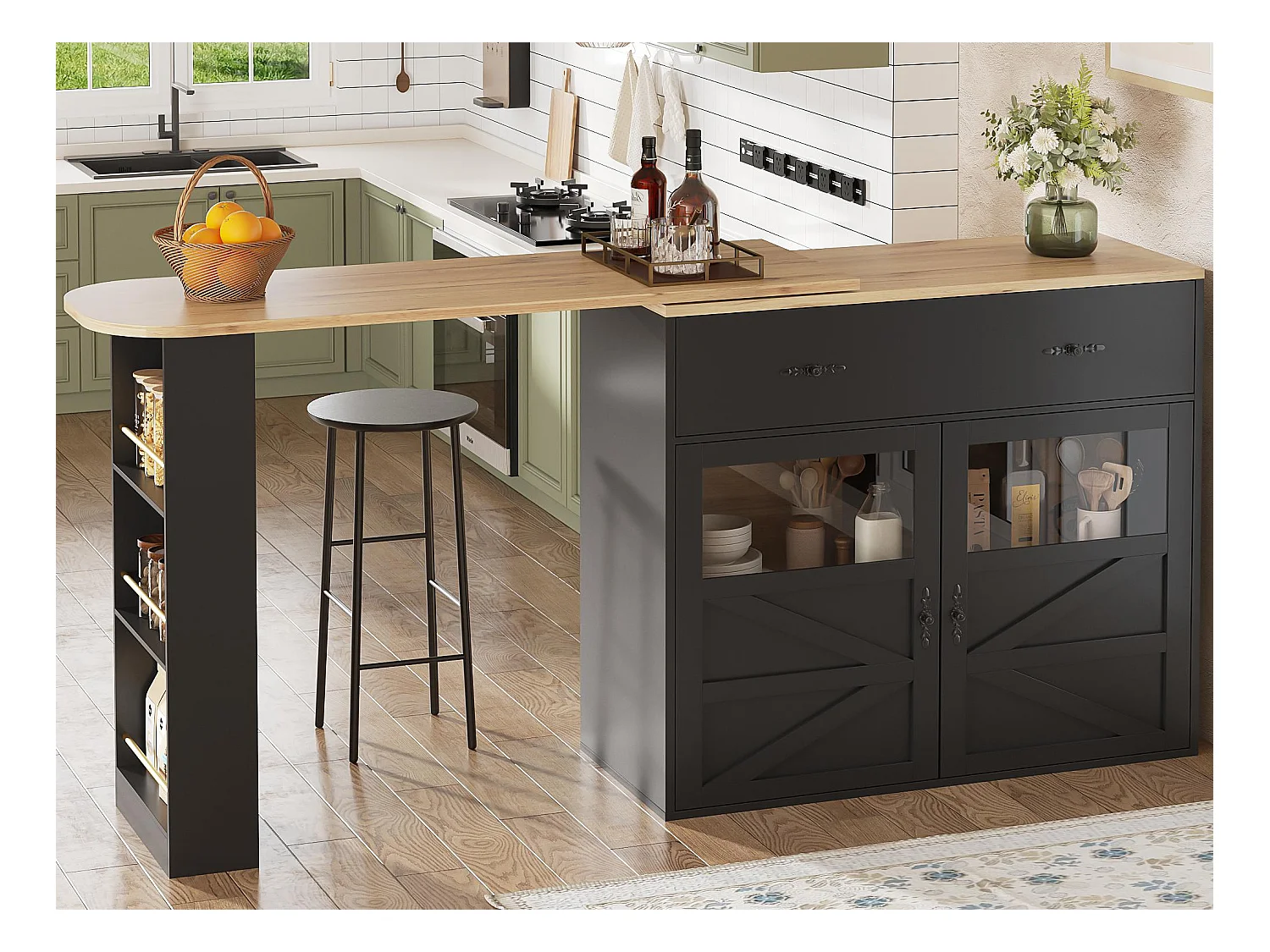 Meuble de bar pivotant 360° et escamotable - avec 1 tiroir et 2 portes - étagères ouvertes - noir + naturel