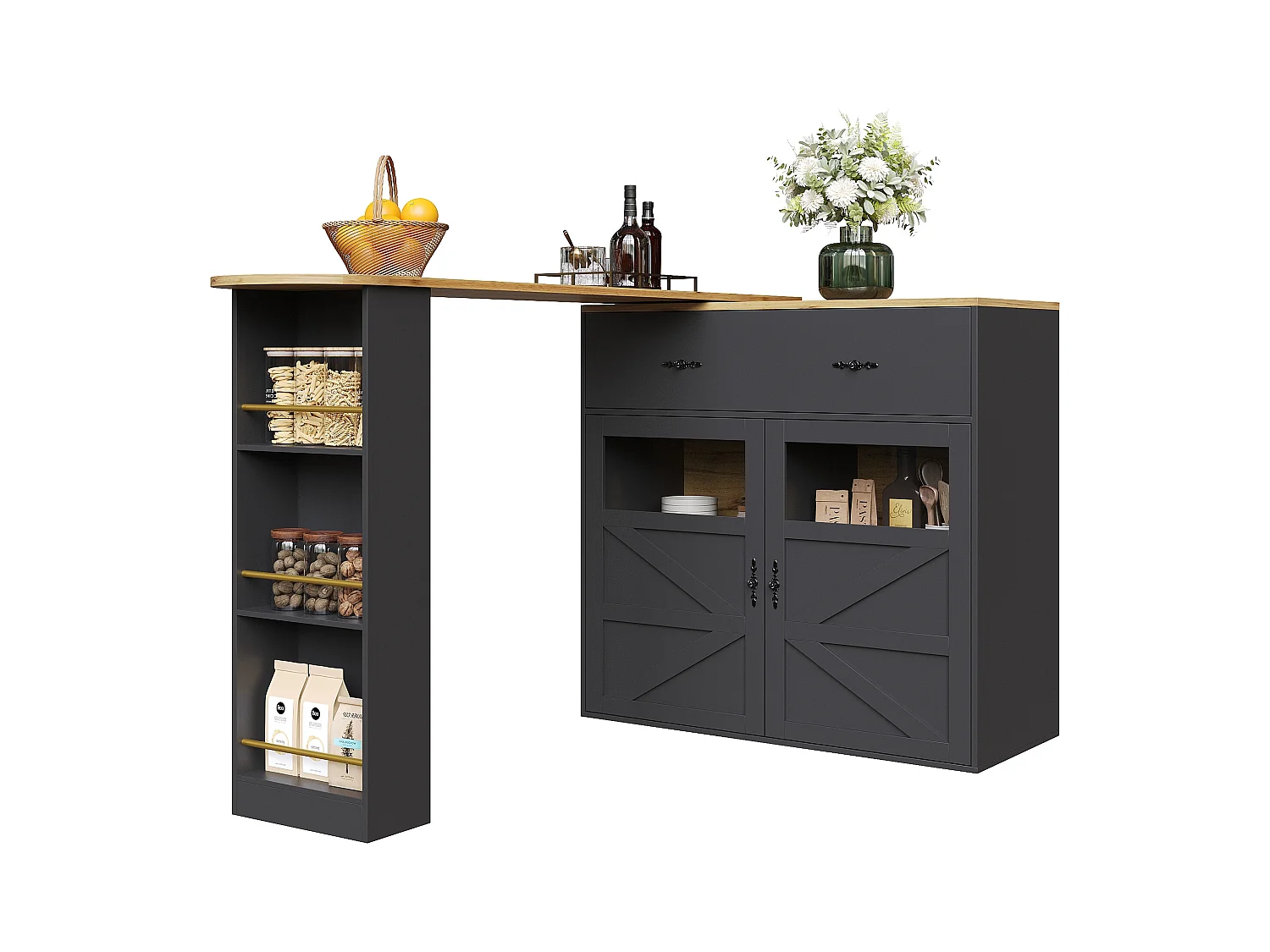 Meuble de bar pivotant 360° et escamotable - avec 1 tiroir et 2 portes - étagères ouvertes - noir + naturel