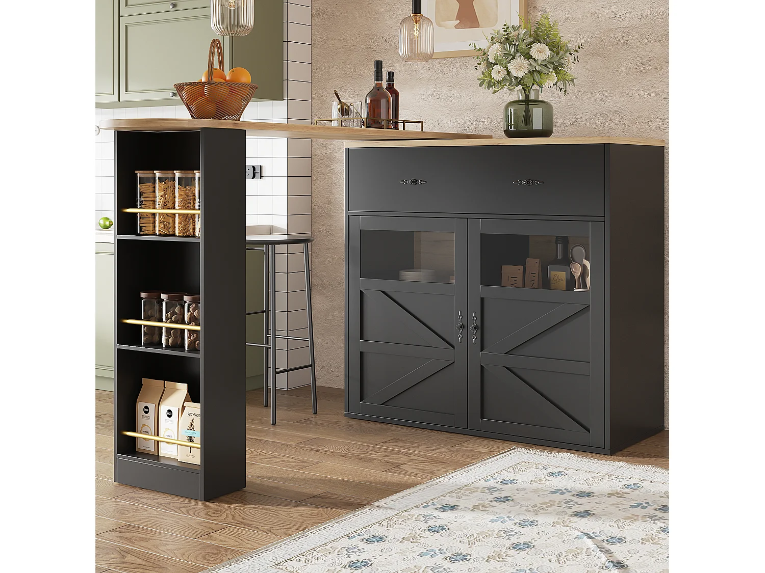 Mobile bar girevole a 360° e richiudibile - con 1 cassetto e 2 ante - ripiani aperti - nero + naturale