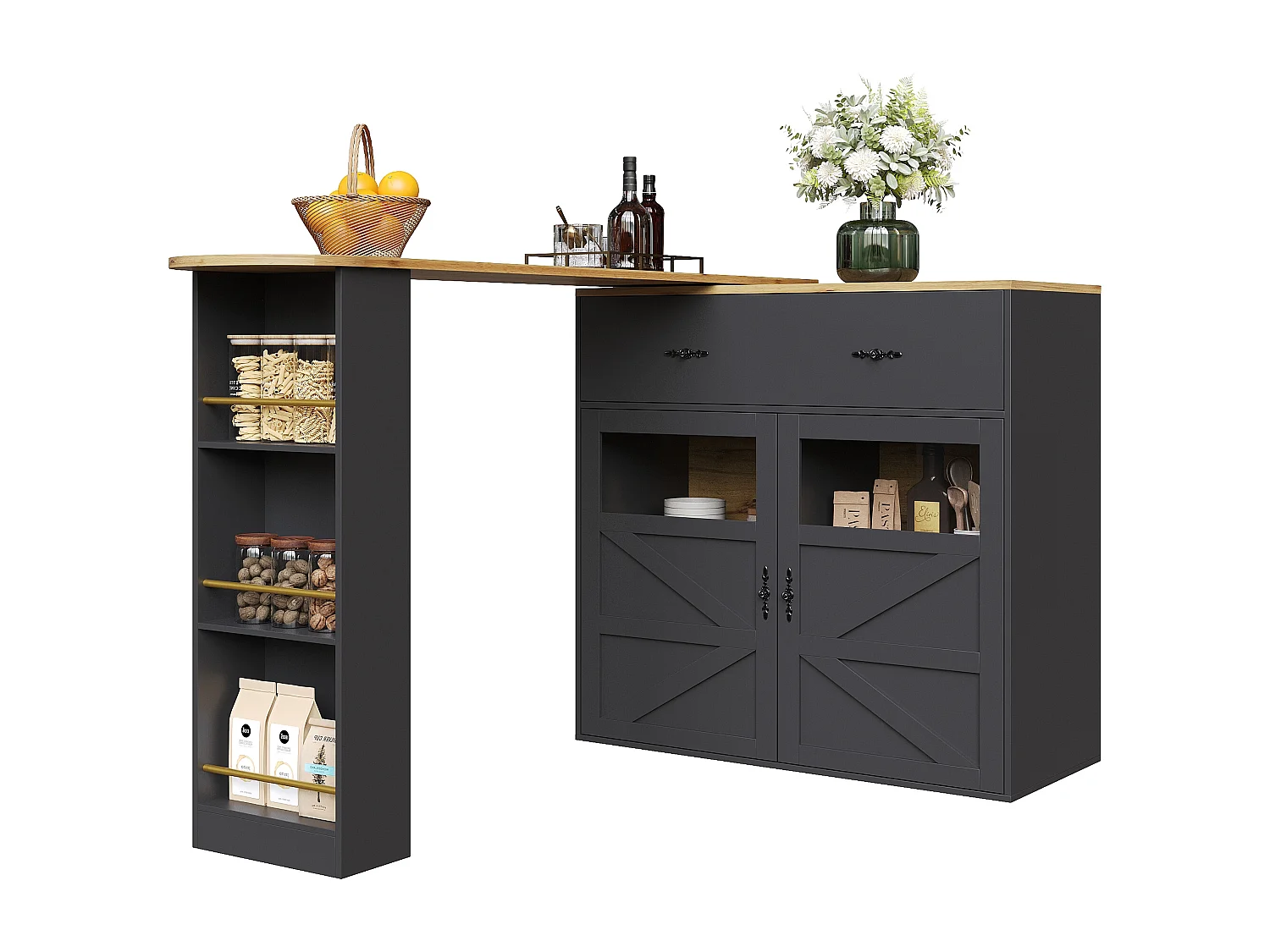 Mobile bar girevole a 360° e richiudibile - con 1 cassetto e 2 ante - ripiani aperti - nero + naturale