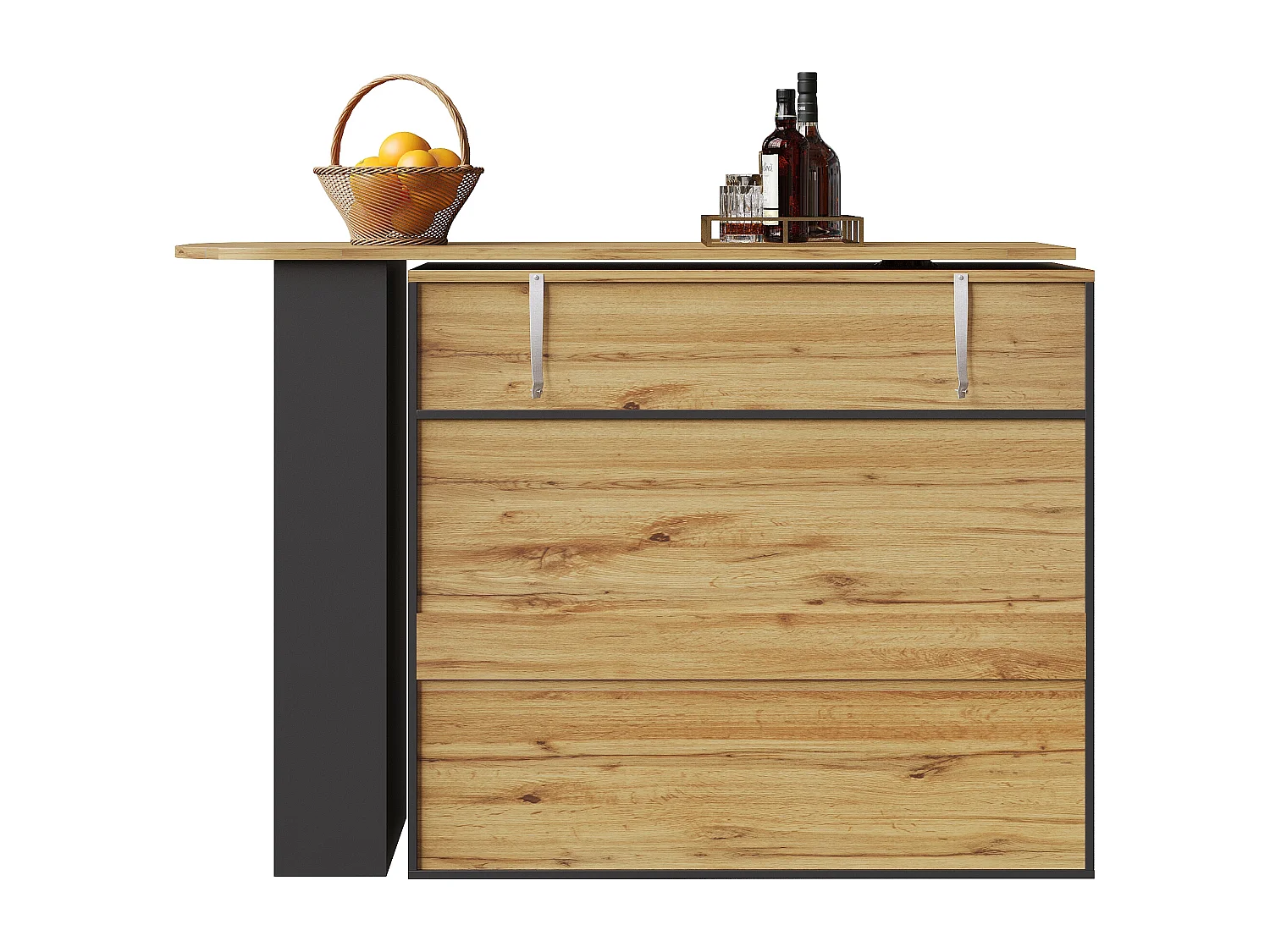 Mobile bar girevole a 360° e richiudibile - con 1 cassetto e 2 ante - ripiani aperti - nero + naturale