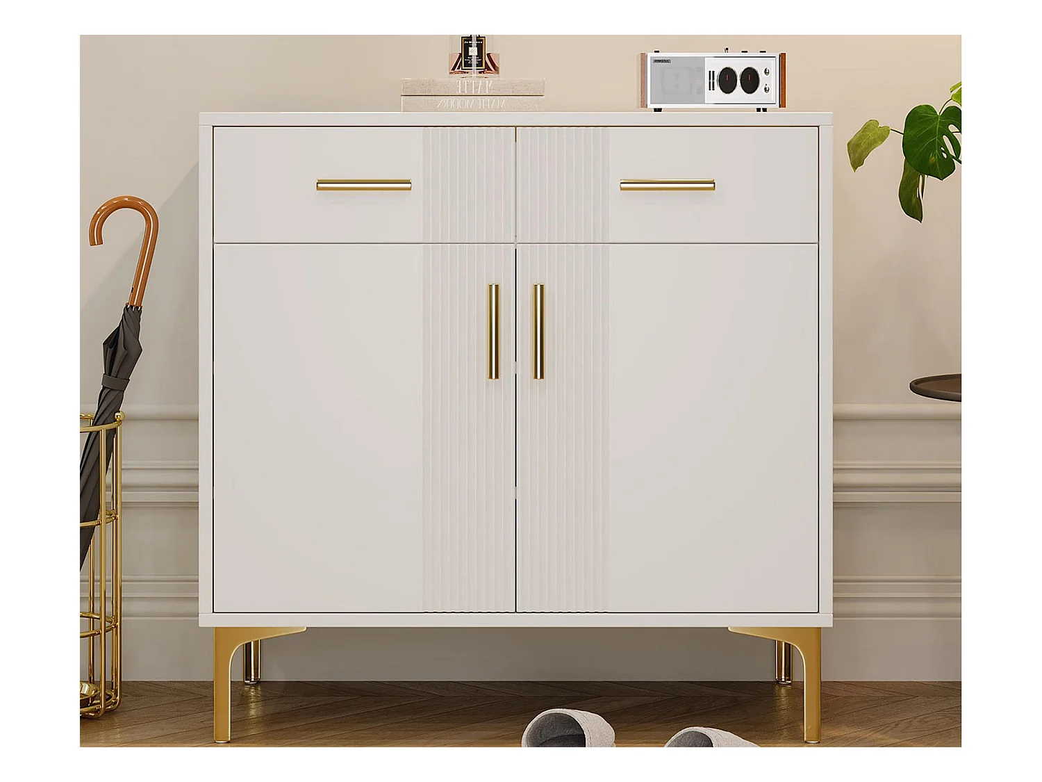 Buffet moderne 80x35x79.5cm - avec 2 tiroirs et 2 portes - pieds en métal - MDF - blanc